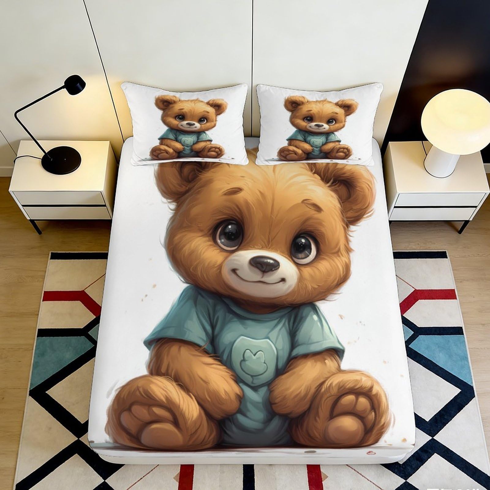 Uynsixtme Style-7 3D Printed Cartoon Bear Microfiber Deep Pocket Fitted Sheet Non-Slip Bedroom Bedding Bear Mattress Fitted Cover Washable 200X200x25cm