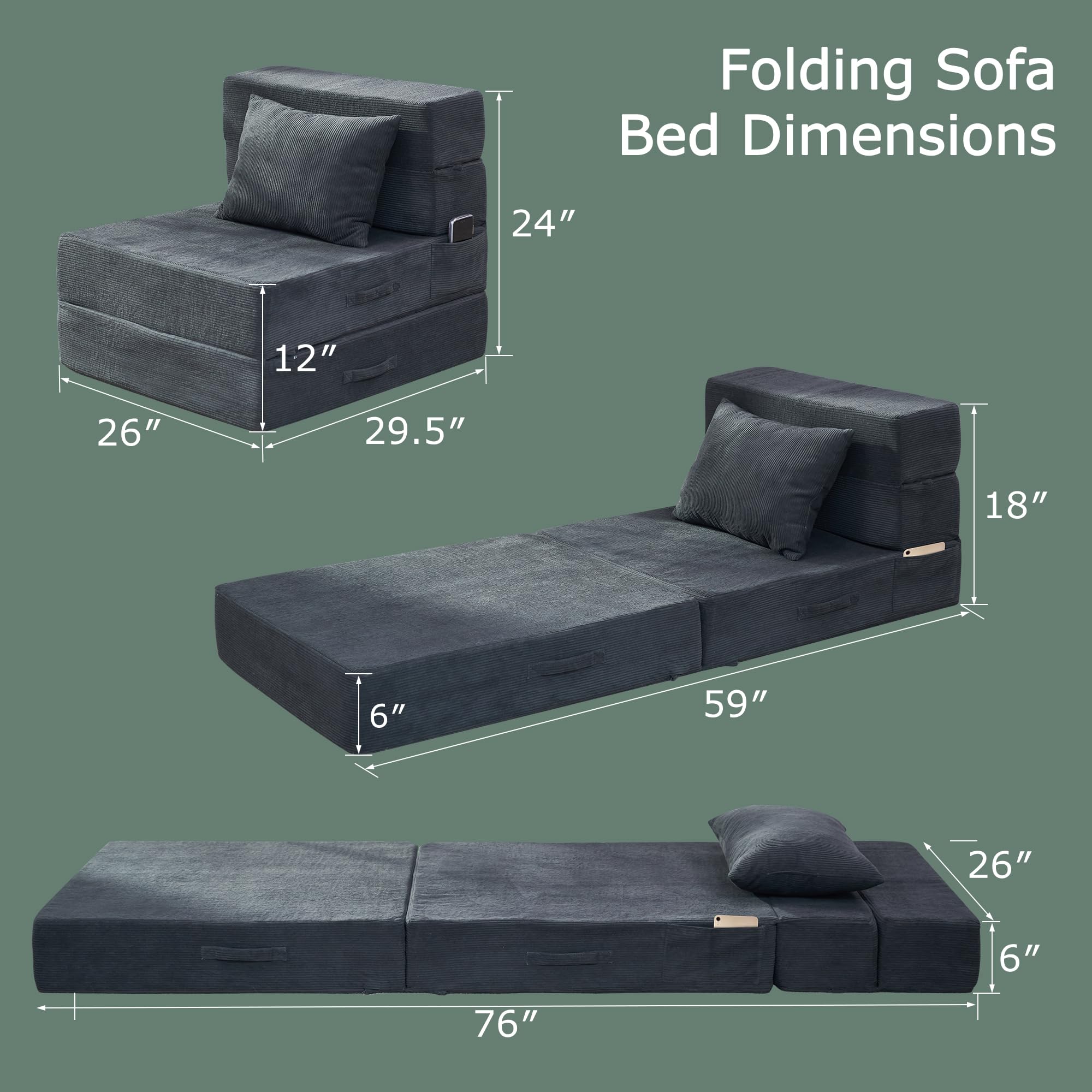 Sofá cama plegable, silla convertible 4 en 1 con almohada, silla plegable de espuma viscoelástica individual, sofá futón moderno para sala de estar, invitados, apartamento, color gris oscuro 2