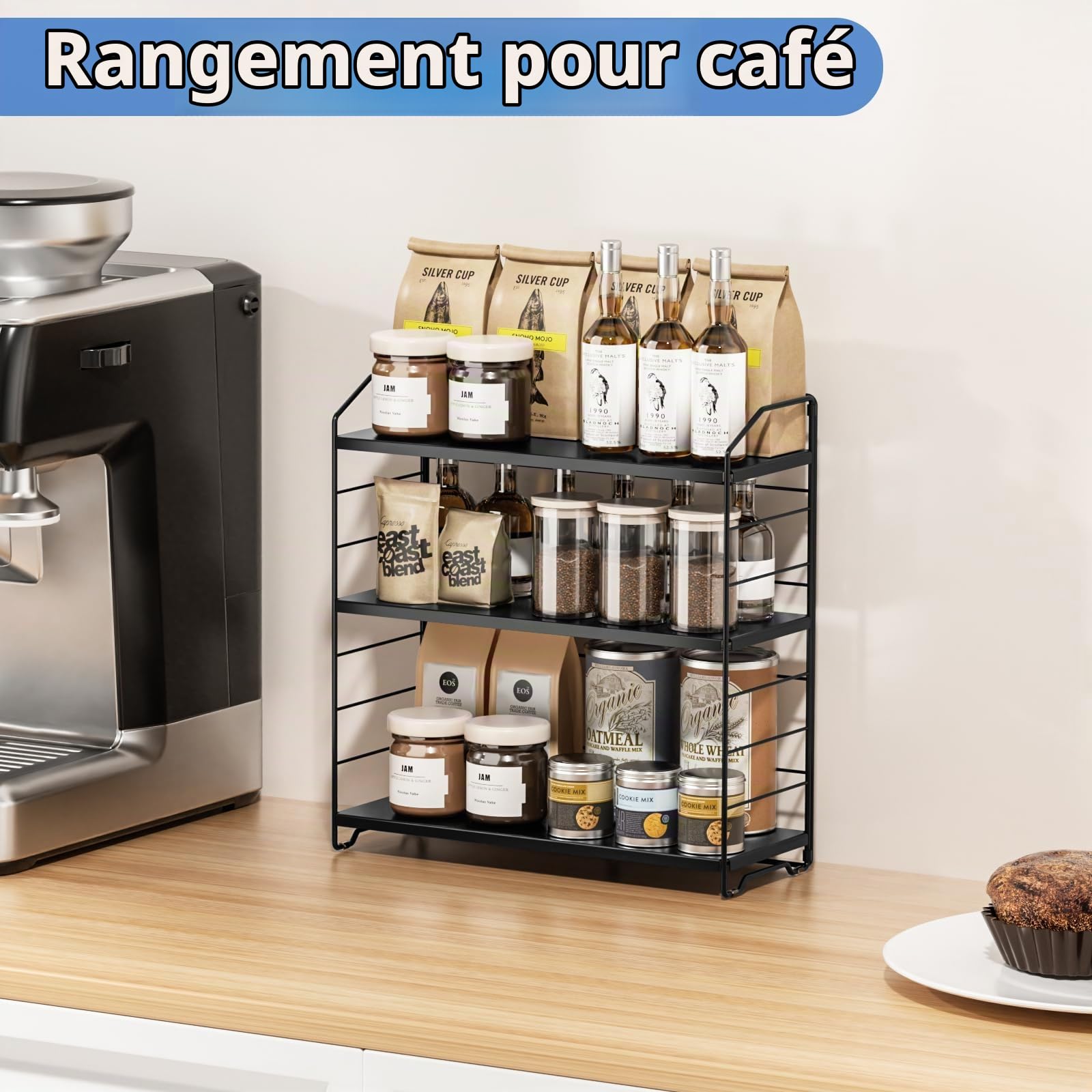 Étagère à Épices, Étagère de Rangement à 3 Niveaux Noir