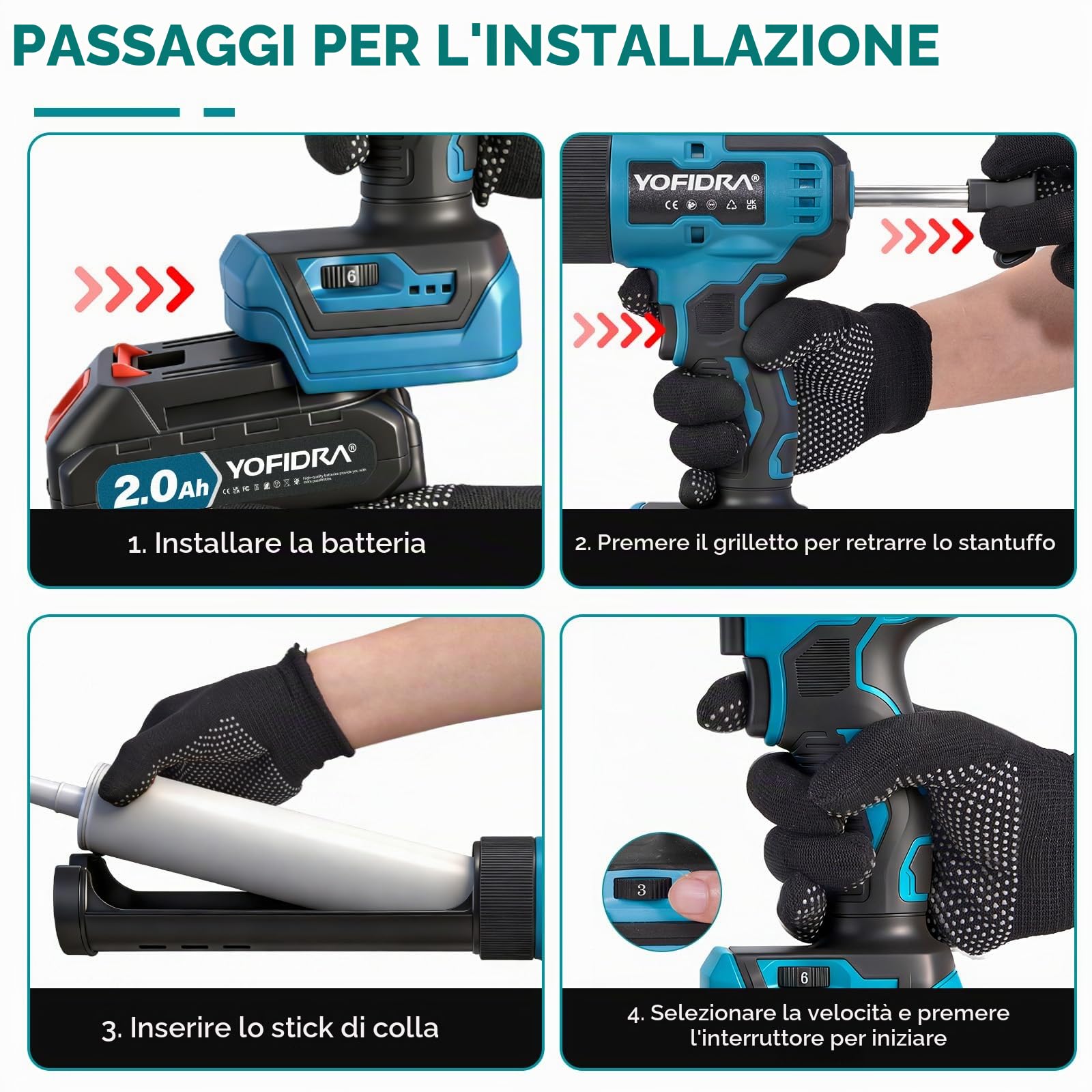Yofidra Pistola Silicone Elettrica, Forza 600kg, 6 Velocità, Luce LED | Pistola Cartuccia a Batteria, 2x2.0Ah Batterie, 13 Accessori inclusi, per Cartucce da 300 ml, Ideale per Casa e Bricolage