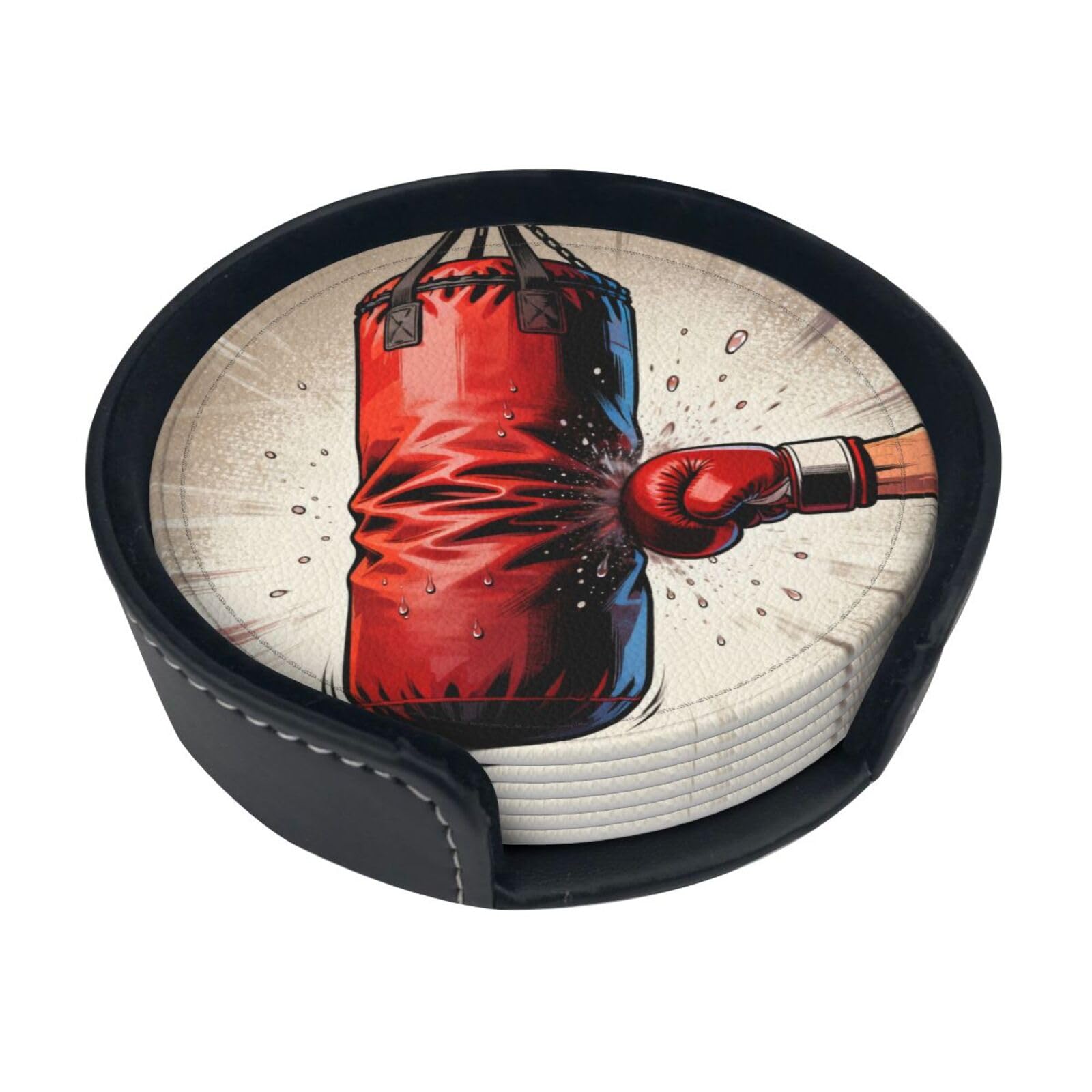 Cntdbu White Punch Bag Swing Leather Coasters Set Of 6-Pu Leather Drink Mats For Table, Heat Resistant Round Coasters With Holder