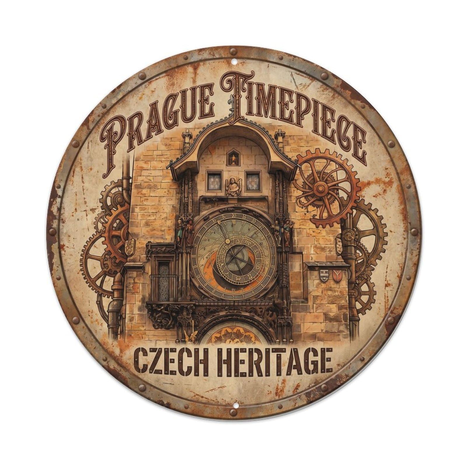 Vintage Travel Clocktower Czech Heritage 3030 Metal Tin Sign Plaque Wall Decor for Cafe, Club, Garden Round Metal Poster 8x8Inch