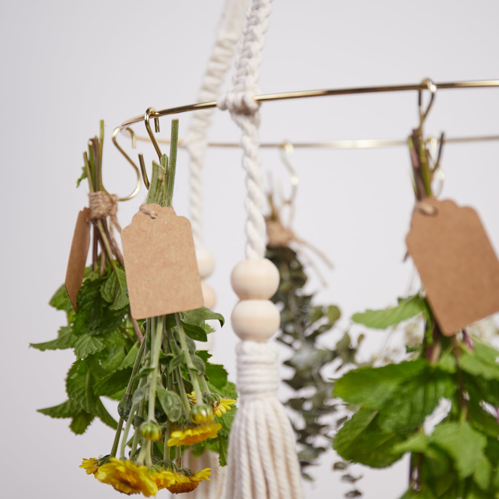 2 PCS Herb Drying Rack with Tassels, 20 Golden Hooks & 32ft Jute Twine