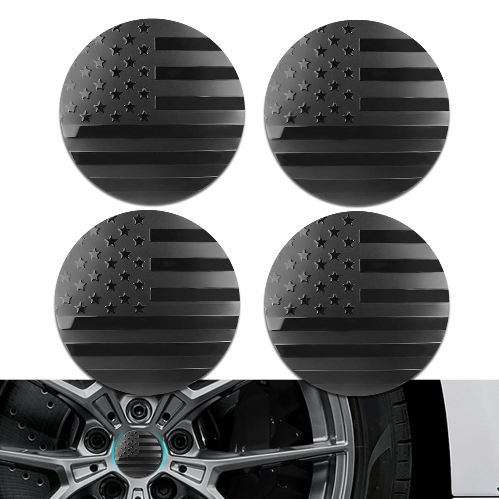 4PCS American Flag Car Wheel Center Caps, Wheel Center Cap Stickers, 56mm Vehicle Hub Caps Covers for Rims, Car Accessories Waterproof & Rustproof Wheel Hub Cap Decals Fit Cars (Black)