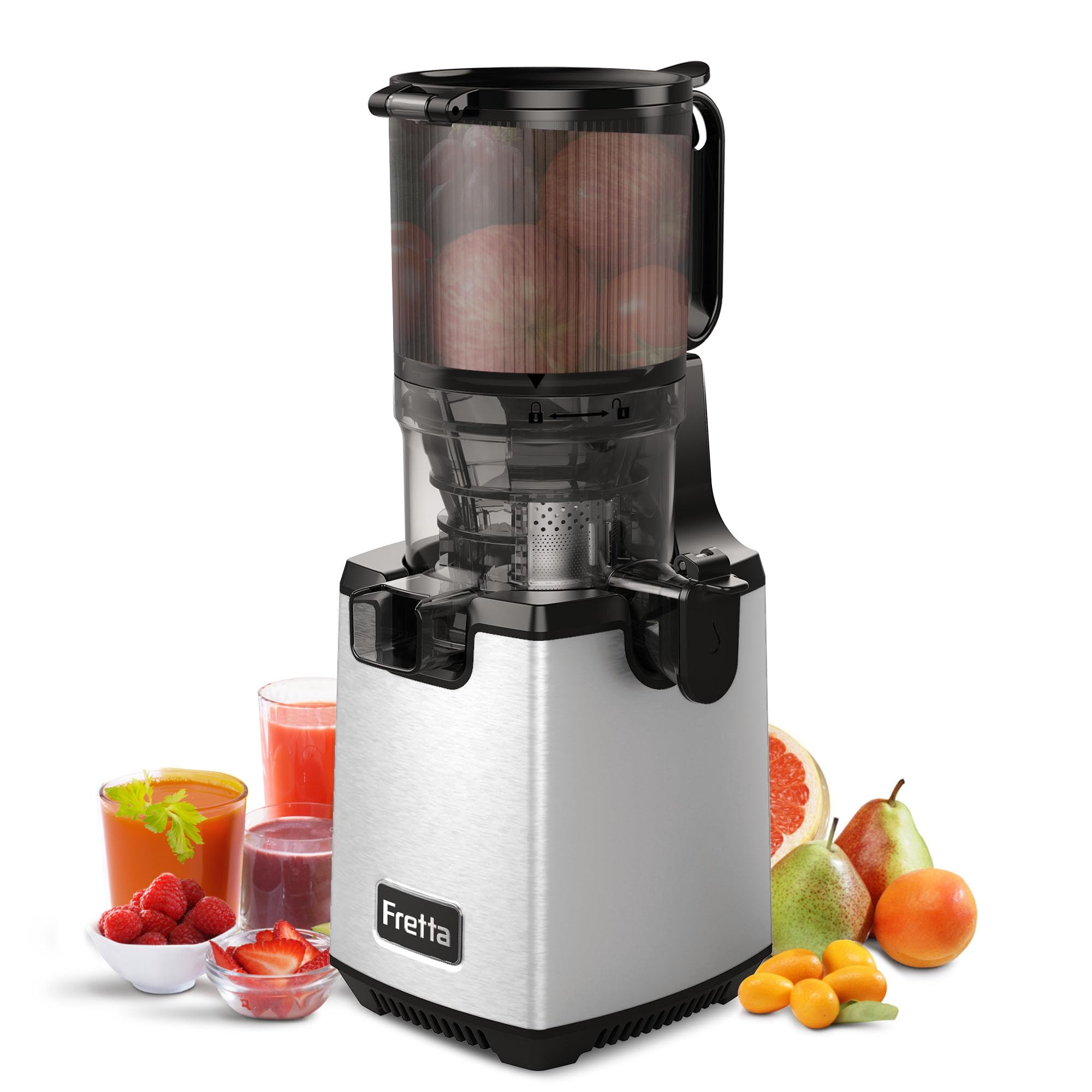 Fretta Extracteur de Jus à Mastication Lente 250W, Grande Goulotte 135mm, Sans BPA, Acier Inoxydable