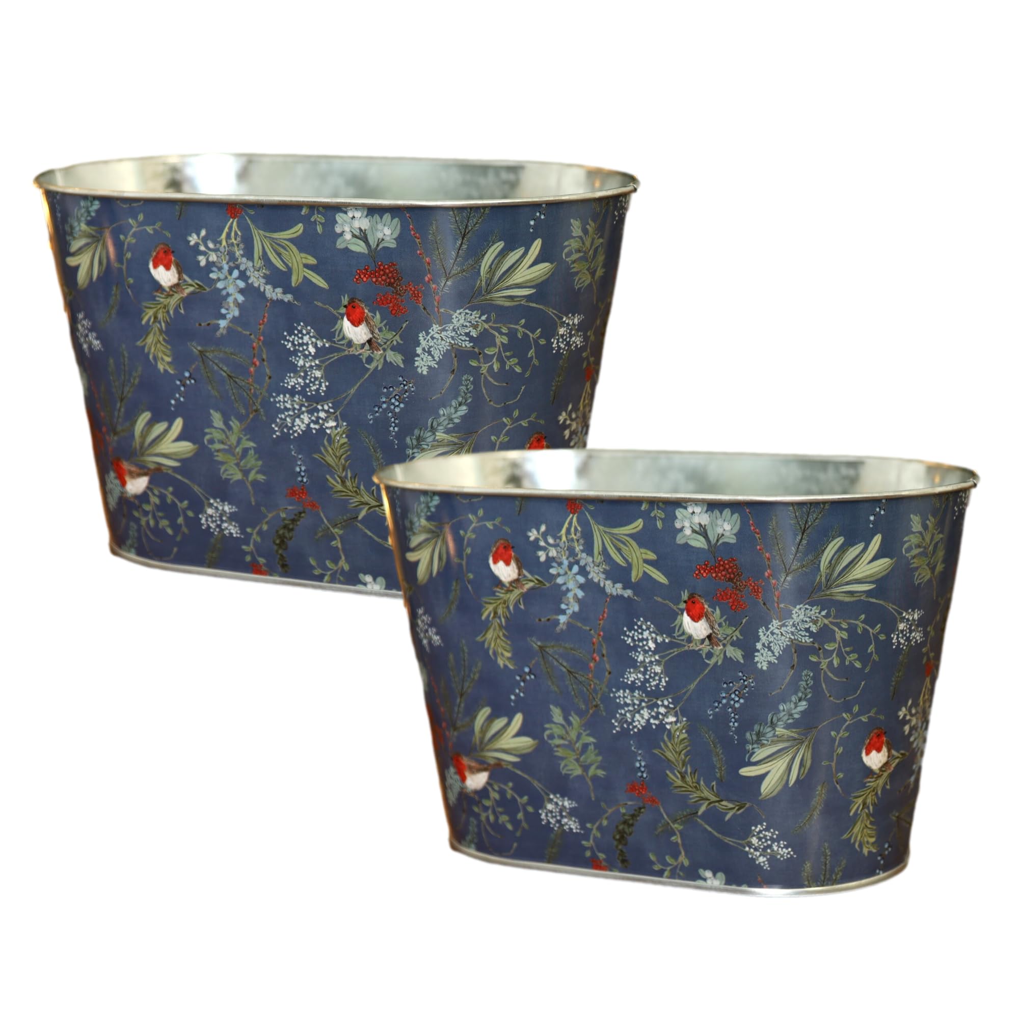 Fyne-Finds Tin Pail Trough Robin Floral Design Tub 14cm,5.5inch Christmas Metal Planter Xmas Home Gift (Blue 2 Piece)