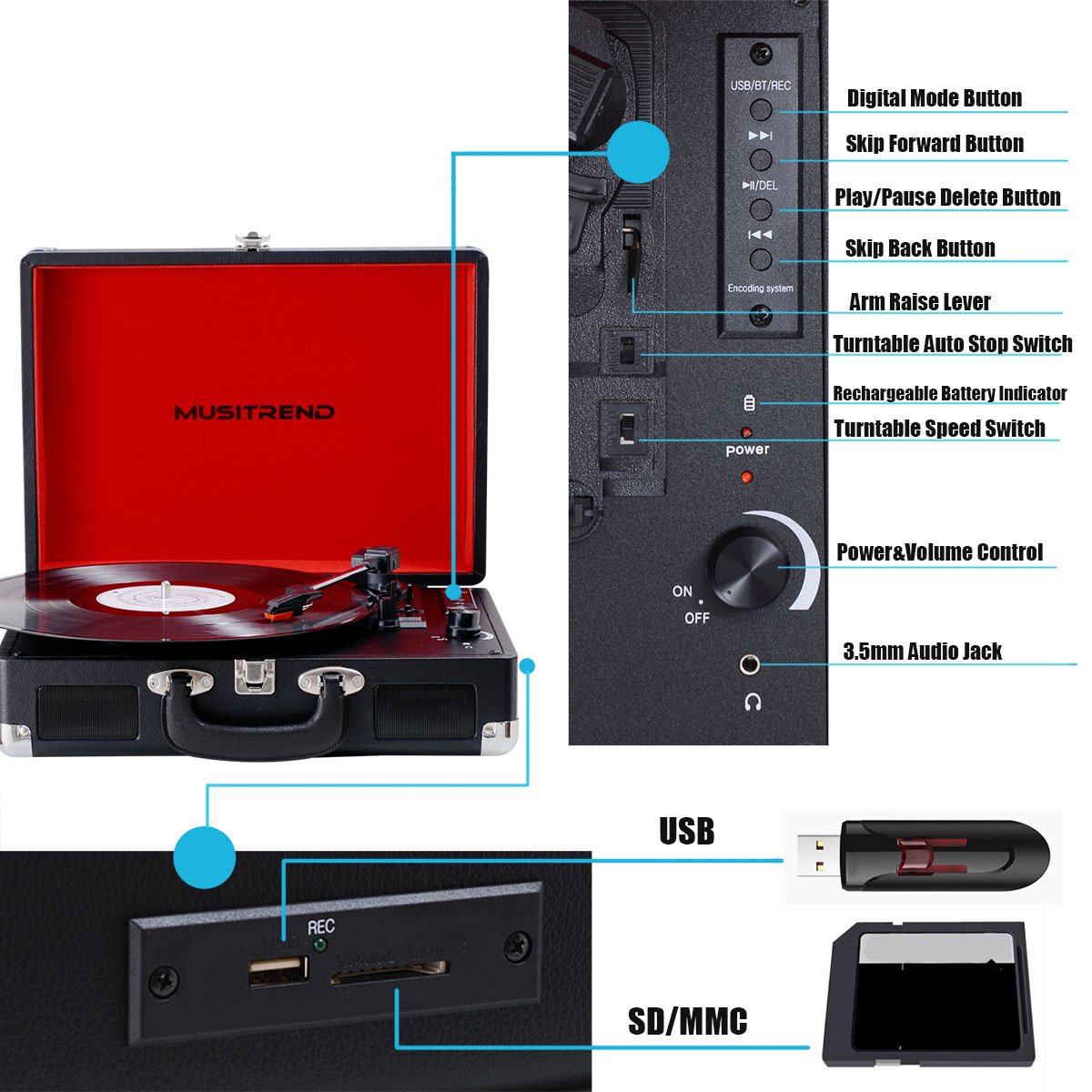 Vinyl Record Player, Musitrend Turntable Portable Suitcase Record