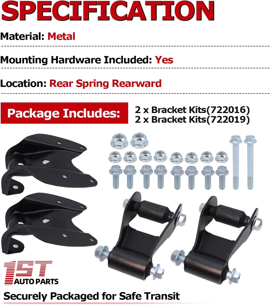 1ST 722019 4PCS Rear Leaf Spring Shackle for Ford F150 F250 Truck Pickup for Lincoln 1997-2004 Bracket Hanger Kit Rearward Replaces OE: 722016 F65Z5776DB