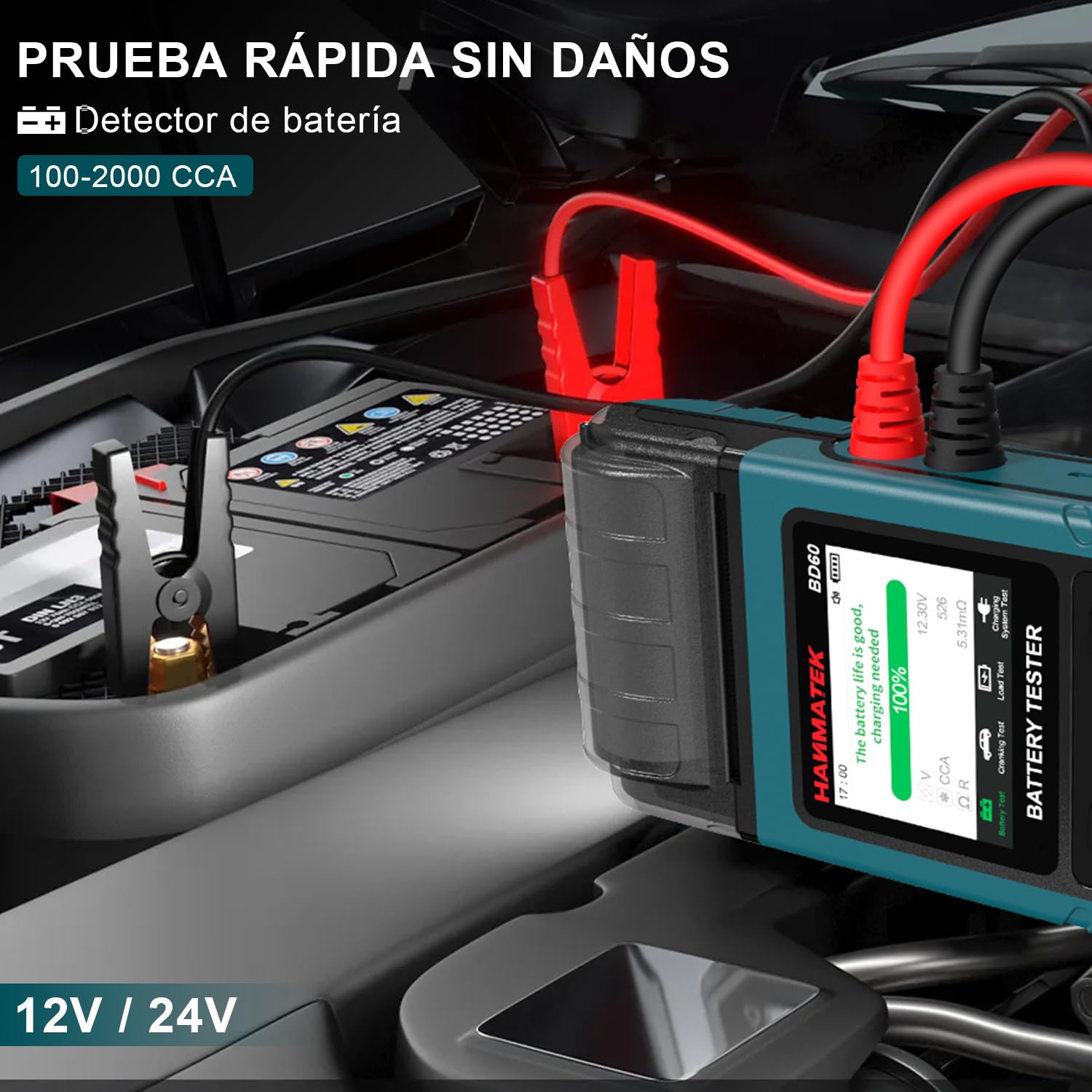 HANMATEK12V/24V Probador de Batería de Automóvil,Probador de Carga 100-2000 CCA, Probador de Alternador Automotriz,Analizador Digital de Batería para Automóvil,Camión,Marina,Motocicleta,SUV- BD60