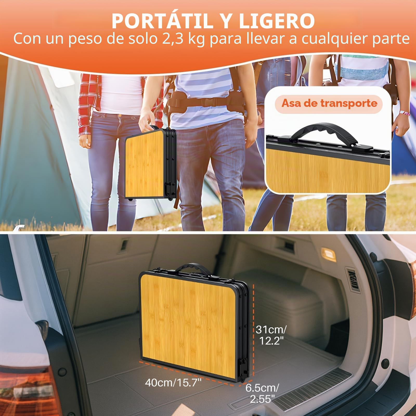 FUNYKICH Mesa de Camping Plegable 58 x 40 cm, Mesa Plegable Camping Portátil de Aluminio con 3 Alturas Ajustables (26/48/70 cm), Panel de MDF, para Picnic, Camping y Barbacoa, Ligero y Estable