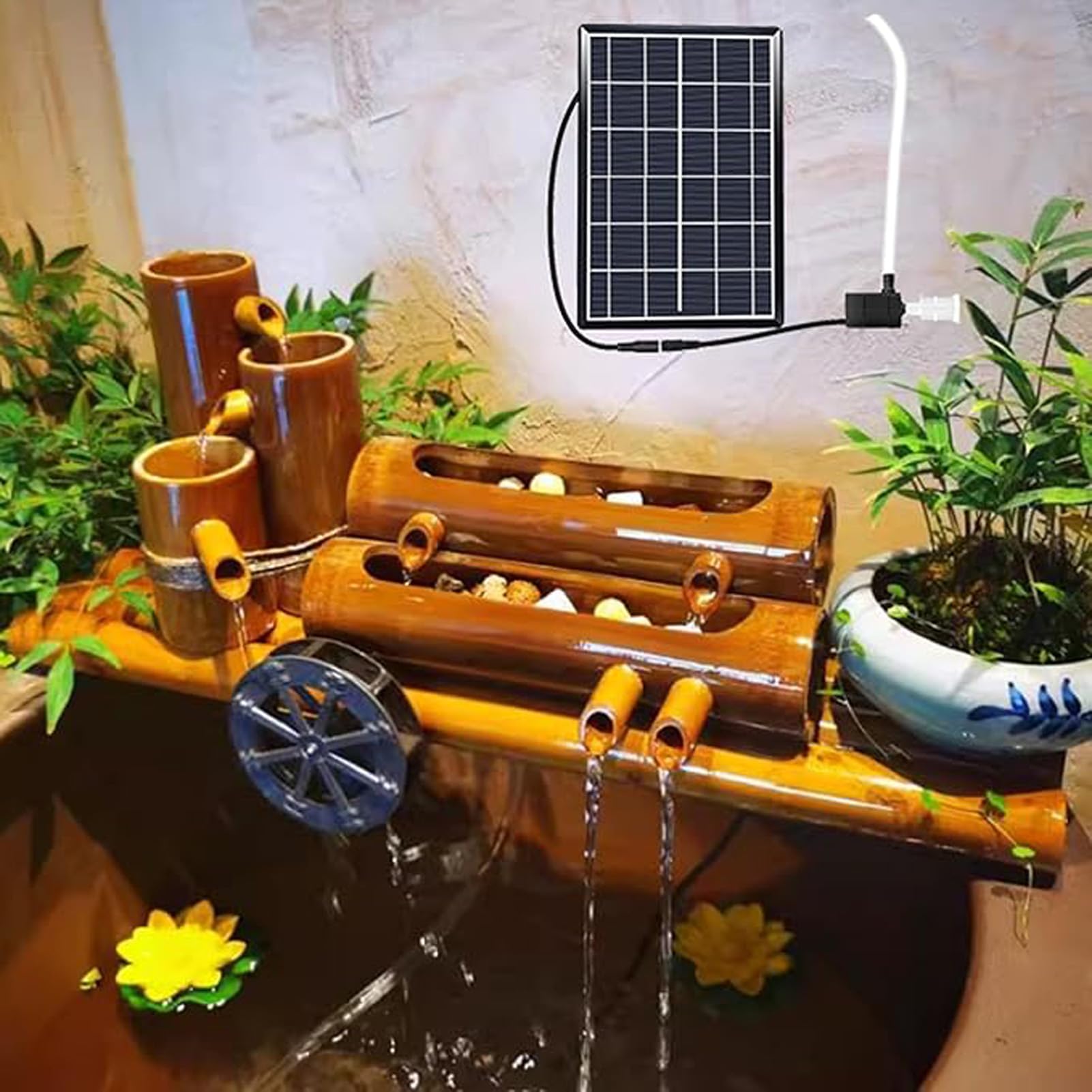asdchZen Solar Bamboo Fountain With Pump, Backyard Landscaping Decoration, Outdoor Zen Waterfall Ornament, Freestanding Circulating Fountain For Patio, Garden, Fish Tank, Pond, 24,28in(70cm)