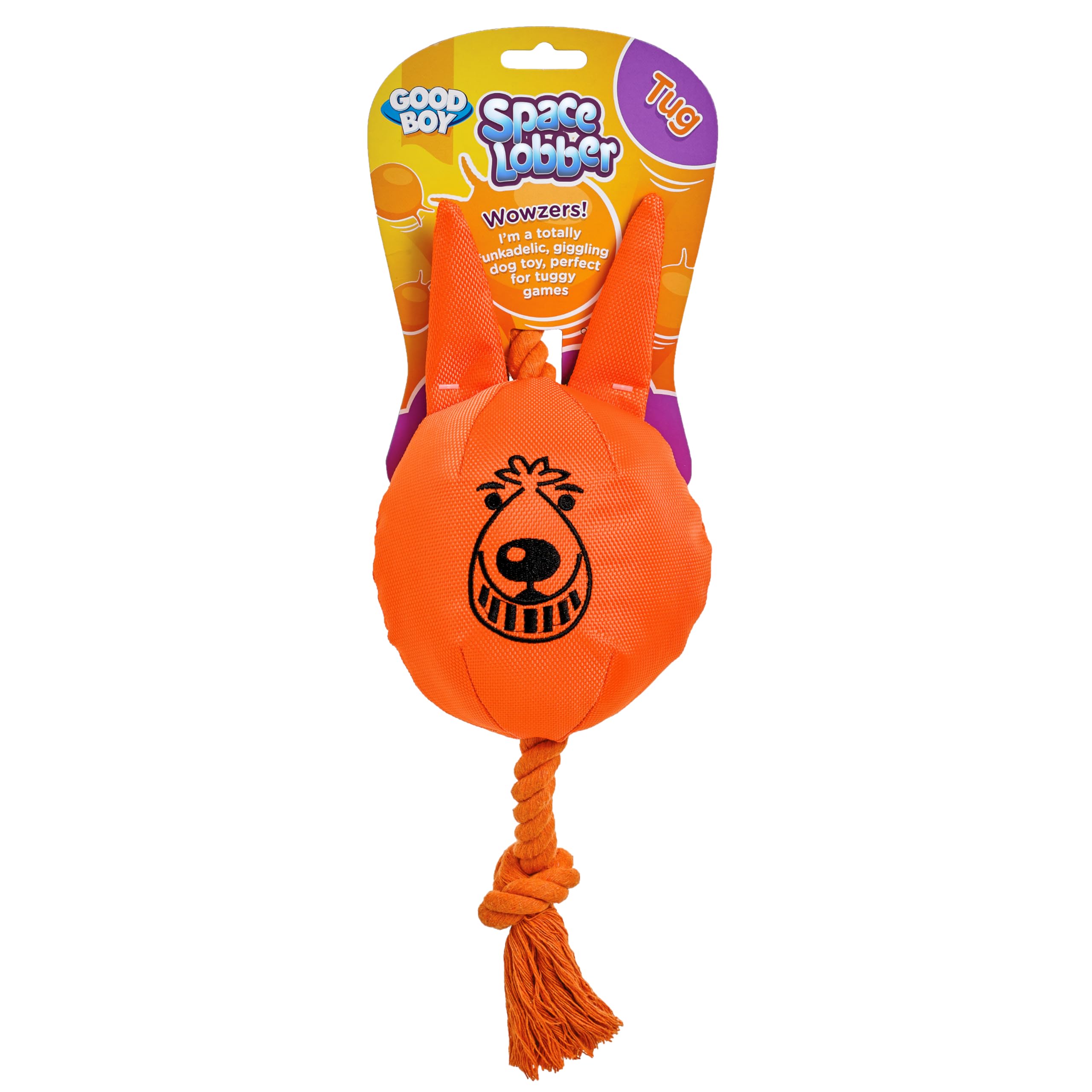 Good Boy Dog Toy Tug Space Lobber - Squeaky, Giggler Tug of War Toy - Strengthened Fabric and Rope