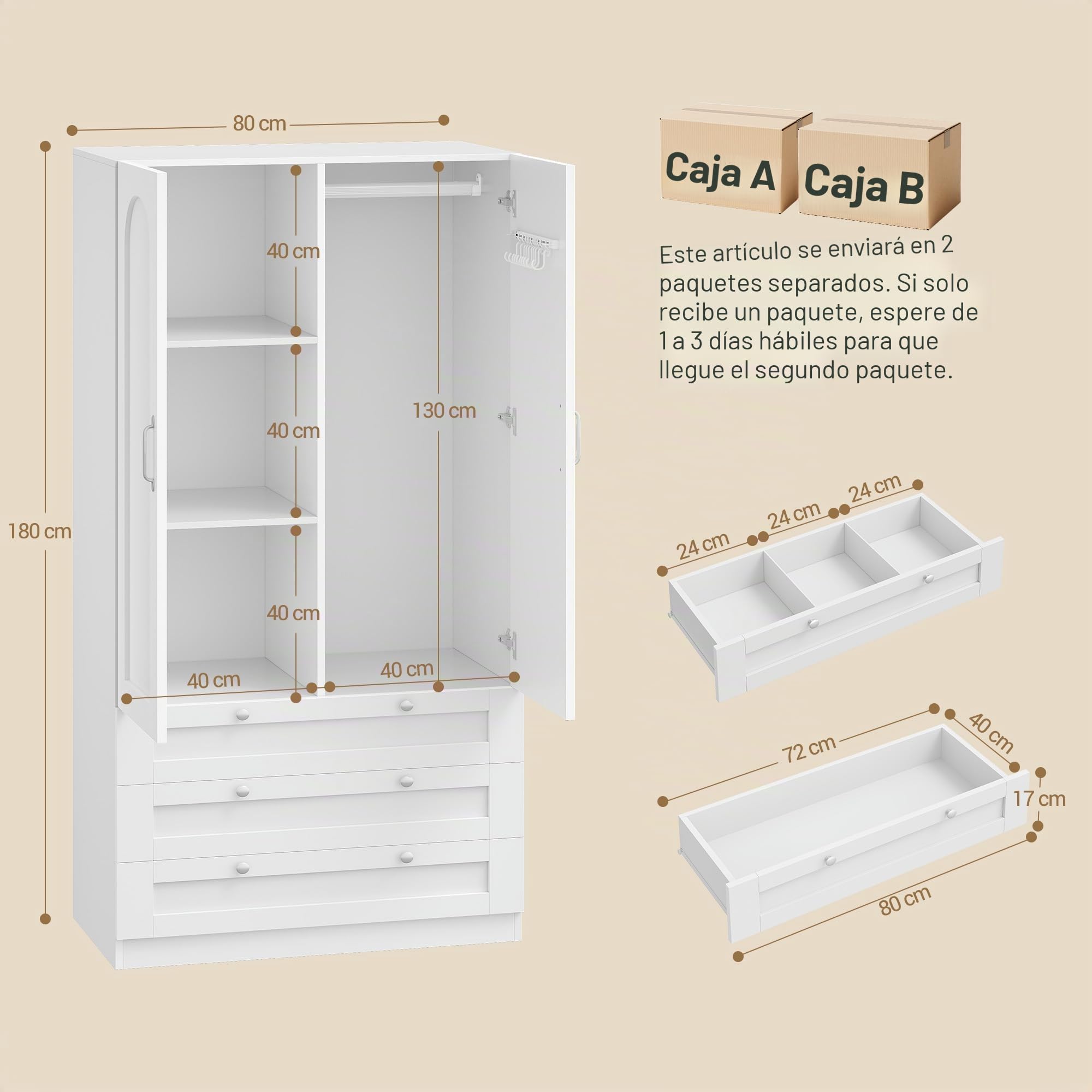 Hzuaneri Armario de 2 Puertas, 50 x 80 x 180 cm, Armarios Dormitorio con 3 Cajones y Perchas, 2 Estantes y Ganchos en Los Laterales de Las Puertas, Estilo Moderno y Minimalista, Blanco BW08803E