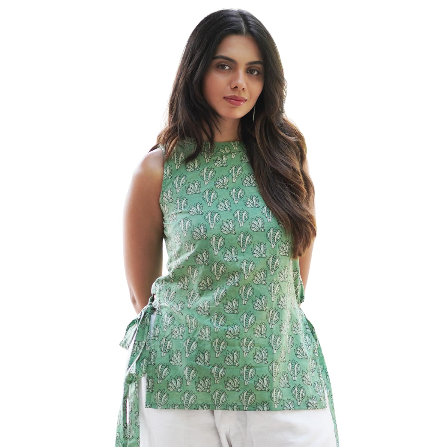 Bud Artisanal Top | Printed Sleeveless Strap Kurti | Cotton Button Front Kurti Tunic | Women Summer Wear Kurta Style-image-32