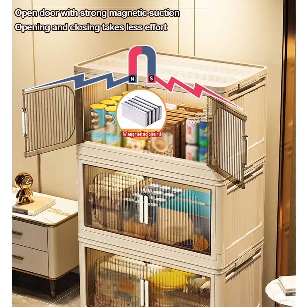 Caja de almacenamiento con tapa, cajas de almacenamiento apilables con apertura frontal, cajas de almacenamiento de plástico plegables con puertas magnéticas y ruedas, para dormitorio, sala de estar,