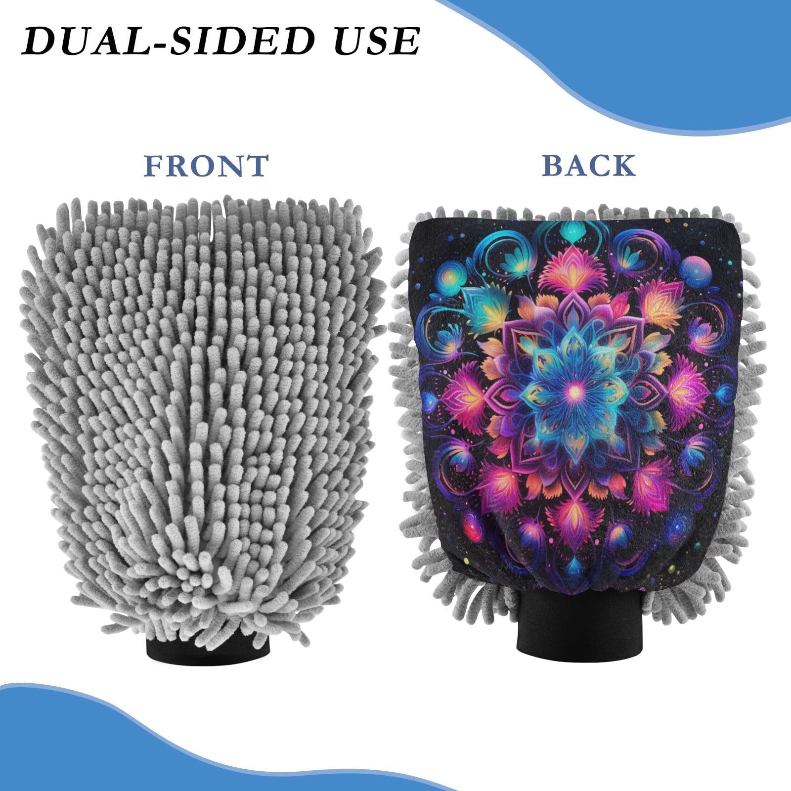 ALAZA Rainbow Mandala Galaxy Car Wash Mitt Scratch Free, 2 Pack Absorbent Microfiber/Chenille Washing & Drying Mitts, M