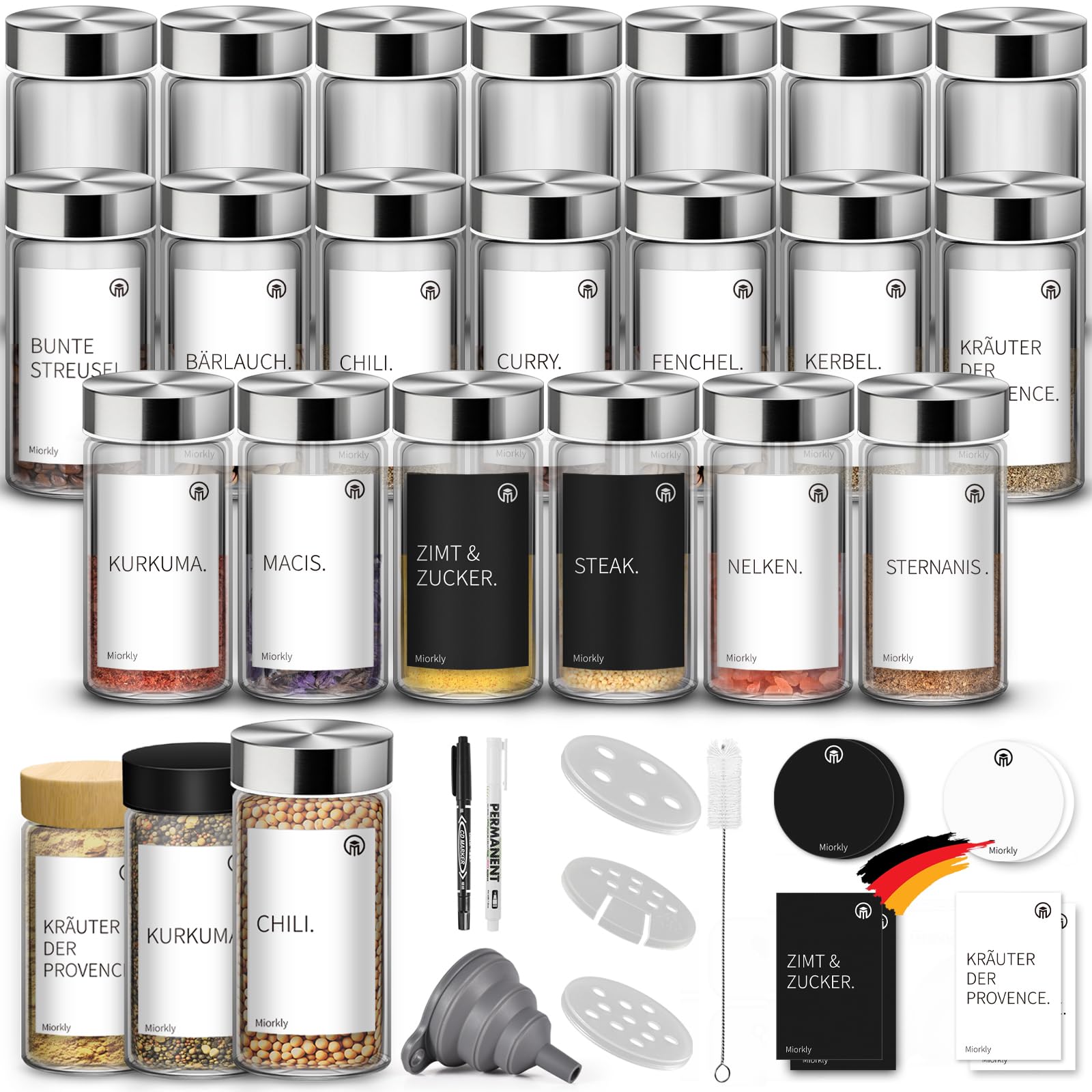 Miorkly 12 Rund Gewürzgläser mit Streueinsatz - Schwarzer Edelstahl Deckel | Verdicktes Glas-Luftdichte Gewürzgläser Rund 100ml-Gewürzstreuer Glas - Spice Jars Set-Trichter, Etikett und Stift
