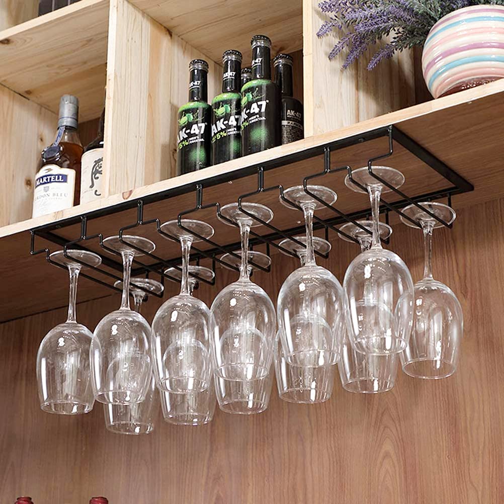 Warmiehomy Porte-verres à vin à suspendre sous armoire pour bars, cuisine, verres à champagne en métal noir (60 x 22,5/6 emplacements)
