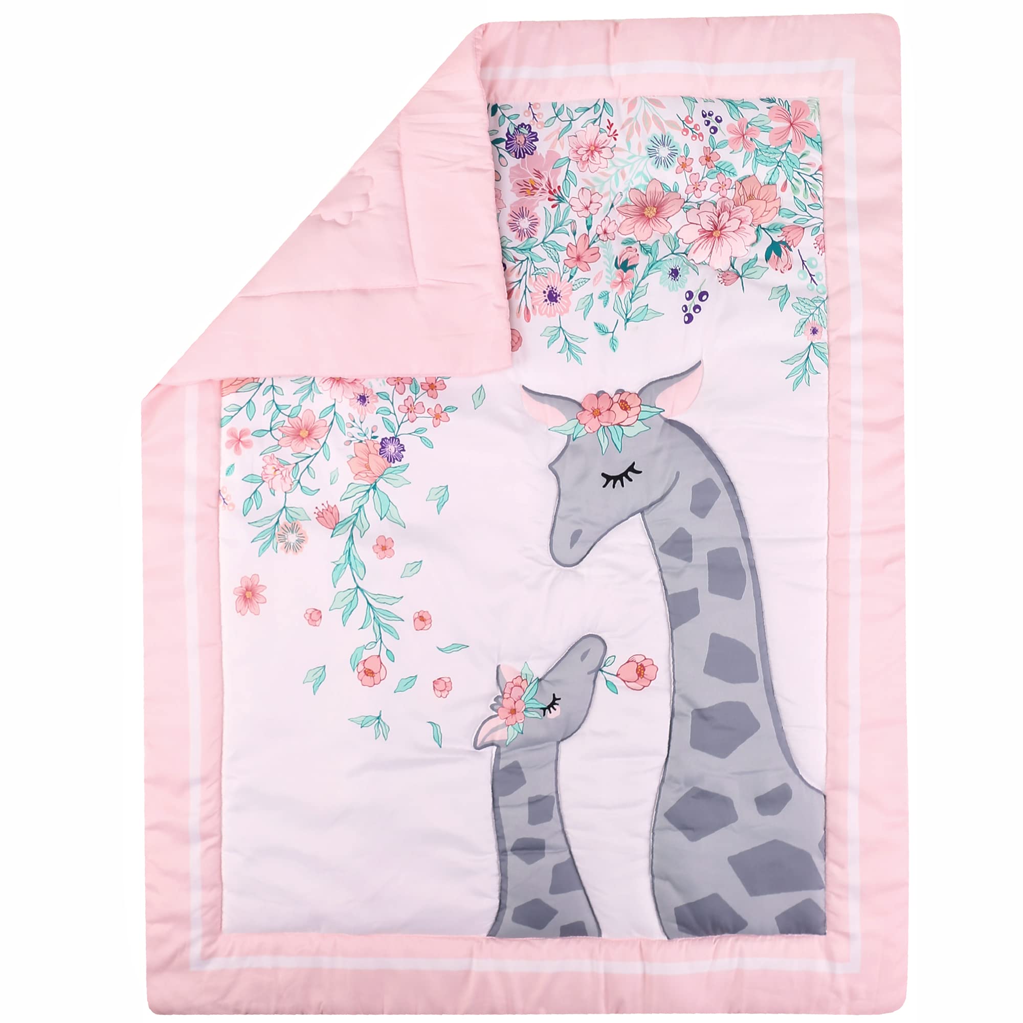 JumpBear Juego de ropa de cama de cuna para niñas y niñas, juego de cama de jirafa, diseño floral, para bebé, 4 piezas, incluye edredón de cuna, sábana bajera ajustable, manta de falda de cuna,