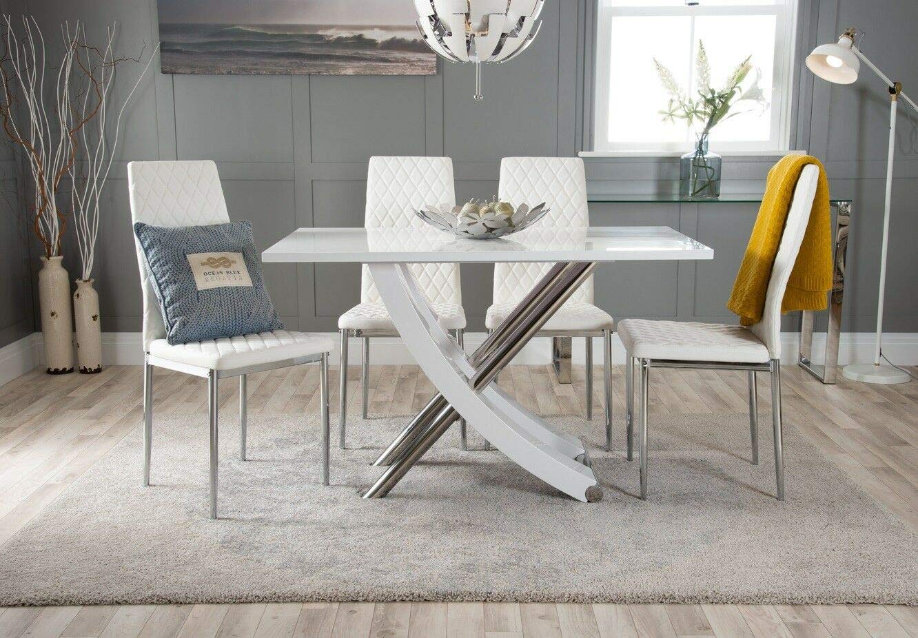 Furniturebox Uk Mayfair 4 Modern White High Gloss Stainless Steel Metal Dining Table And 4 Stylish Milan Dining Chairs Seats Set Dining Table 4 White Milan Chairs Amazon Co Uk Kitchen Home