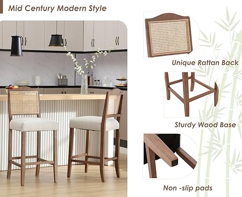 Miniatura 3 de CIMOTA Juego de 2 taburetes de ratán de 30 pulgadas de altura de mostrador, sillas de bar modernas de mediados de siglo, taburetes de bar tapizados