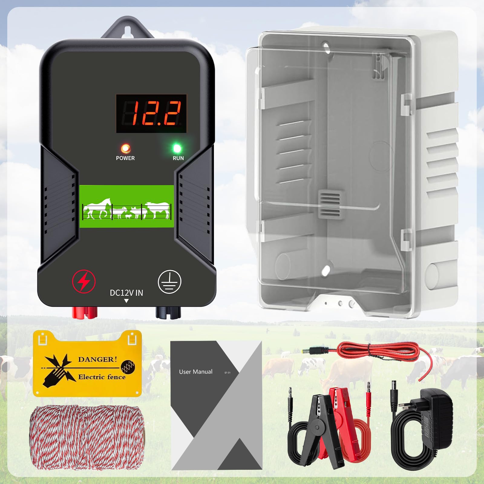 15KM pastor electrico, cerca eléctrica Controlador de pulso de alto voltaje seguro Granja de animales Cerca eléctrica Pastor Granja de animales Pastor eléctrico para vacas, ganado, caballos