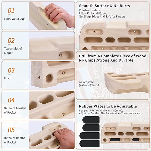 Miniatura 4 de TWO STONES Tabla colgante de madera para escalada en roca, barra de dominadas diseñada para entrenamiento para escalada, tabla de entrenamiento de