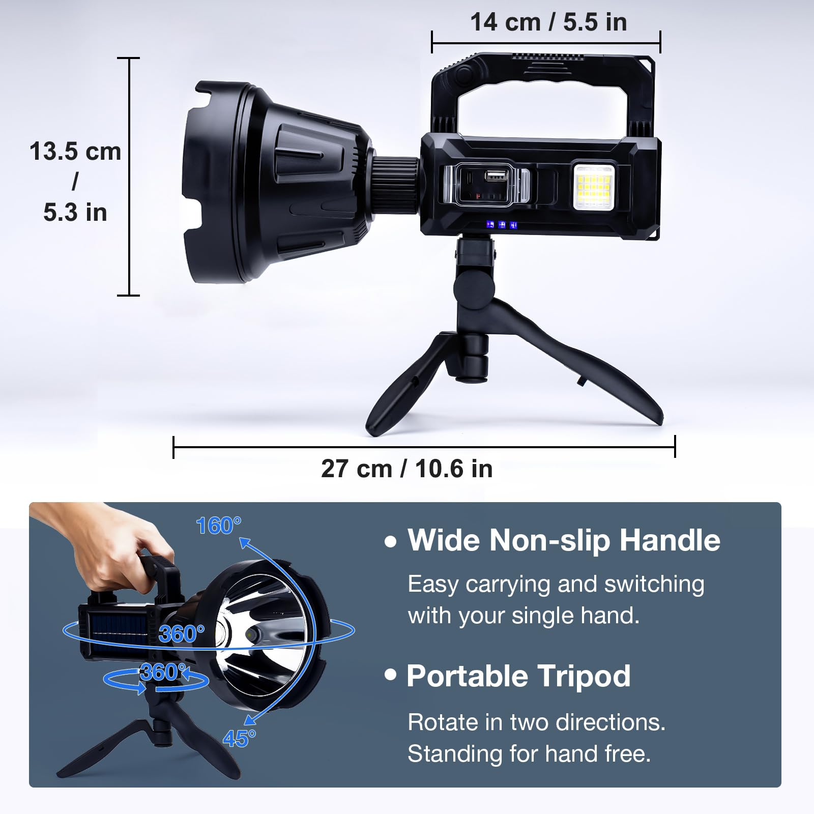 Wiederaufladbarer Strahler, 2.000.000 Lumen, LED-Solar-Strahler, Outdoor-Handlampe, lange Reichweite, Taschenlampe mit 6 Modi, USB-Ausgang, USB C, IPX5 wasserdicht für Angeln, Bootfahren