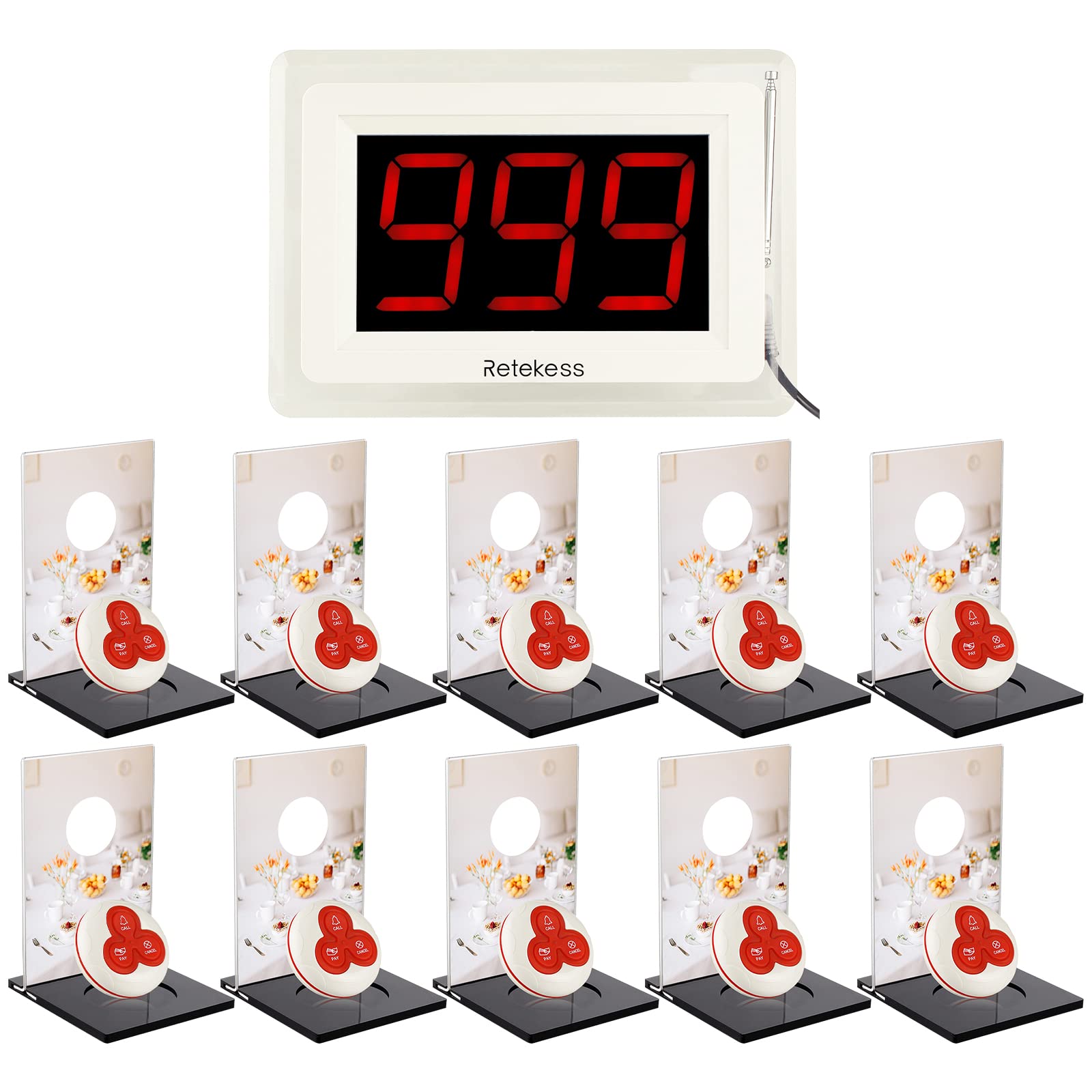 Retekess T114 Restaurant Pager,Wireless Pager Calling System,6 Prompt Voice Broadcast,Max 999 Alert Buttons,10 3-Key Call Button for Restaurant,Hotel,Clinic, Nursing Home