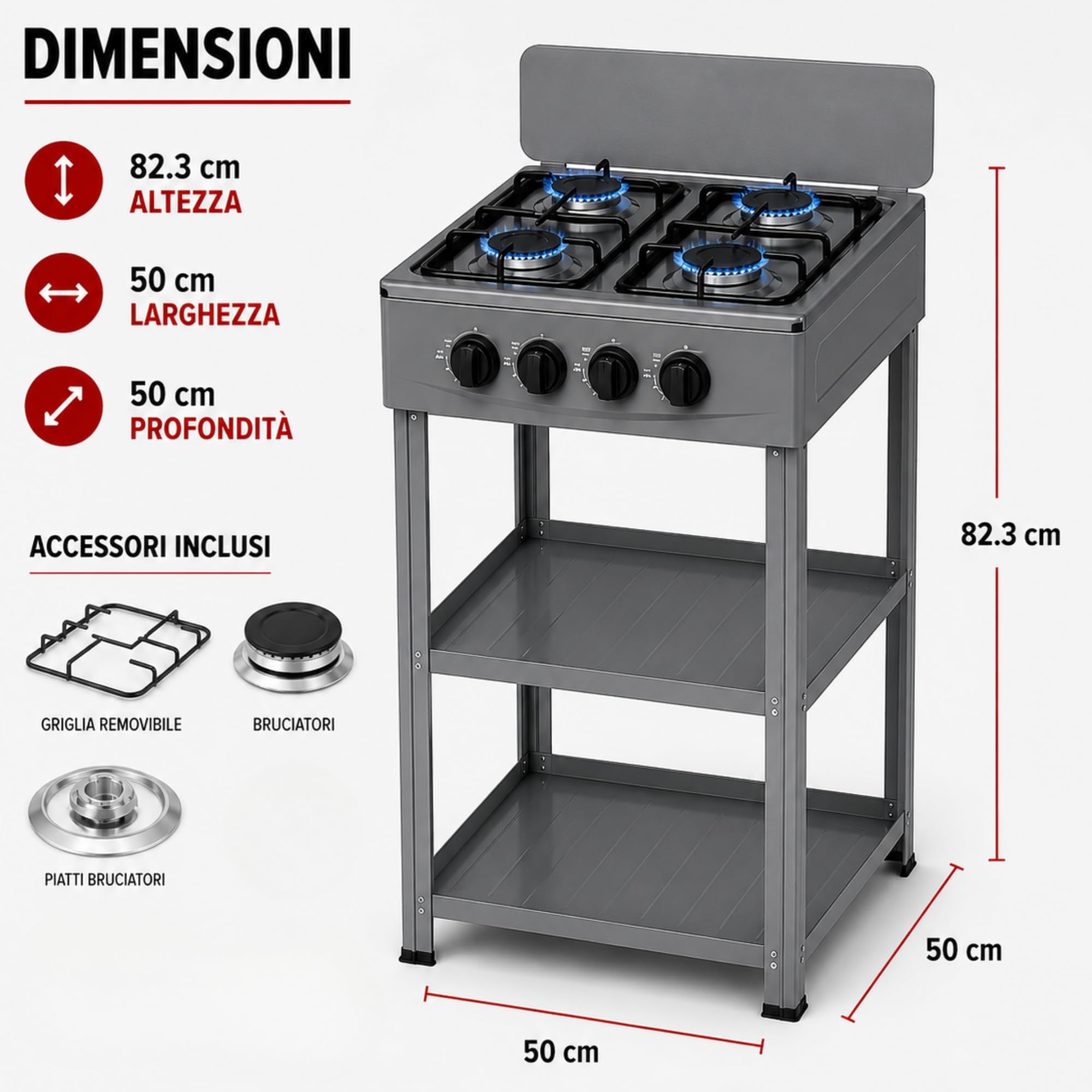 Fornello a Gas 4 Fuochi con Mobile e 2 Ripiani Acciaio, Cucina Compatta in Alluminio con Controllo Fiamma, Piano Cottura 82x49x49 cm per Interno ed Esterno, Grigio
