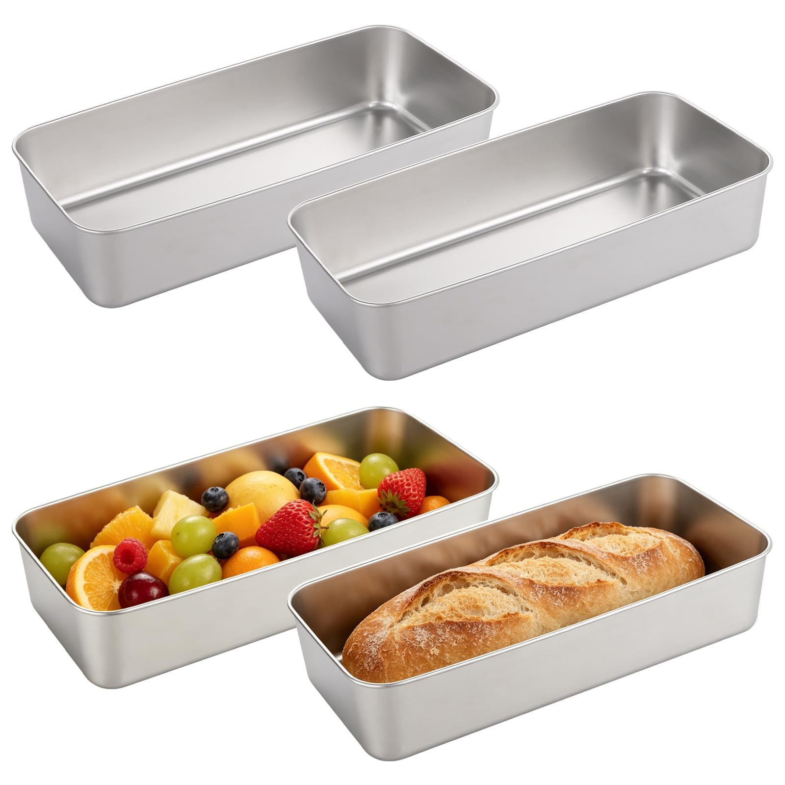 WOPPLXY 4 teglie rettangolari per pane, in acciaio inox, da 1,4 kg, 33 x 15 x 6,7 cm, per pane alla banana, pagnotte, polpettone, lasagne, argento lavabile in lavastoviglie