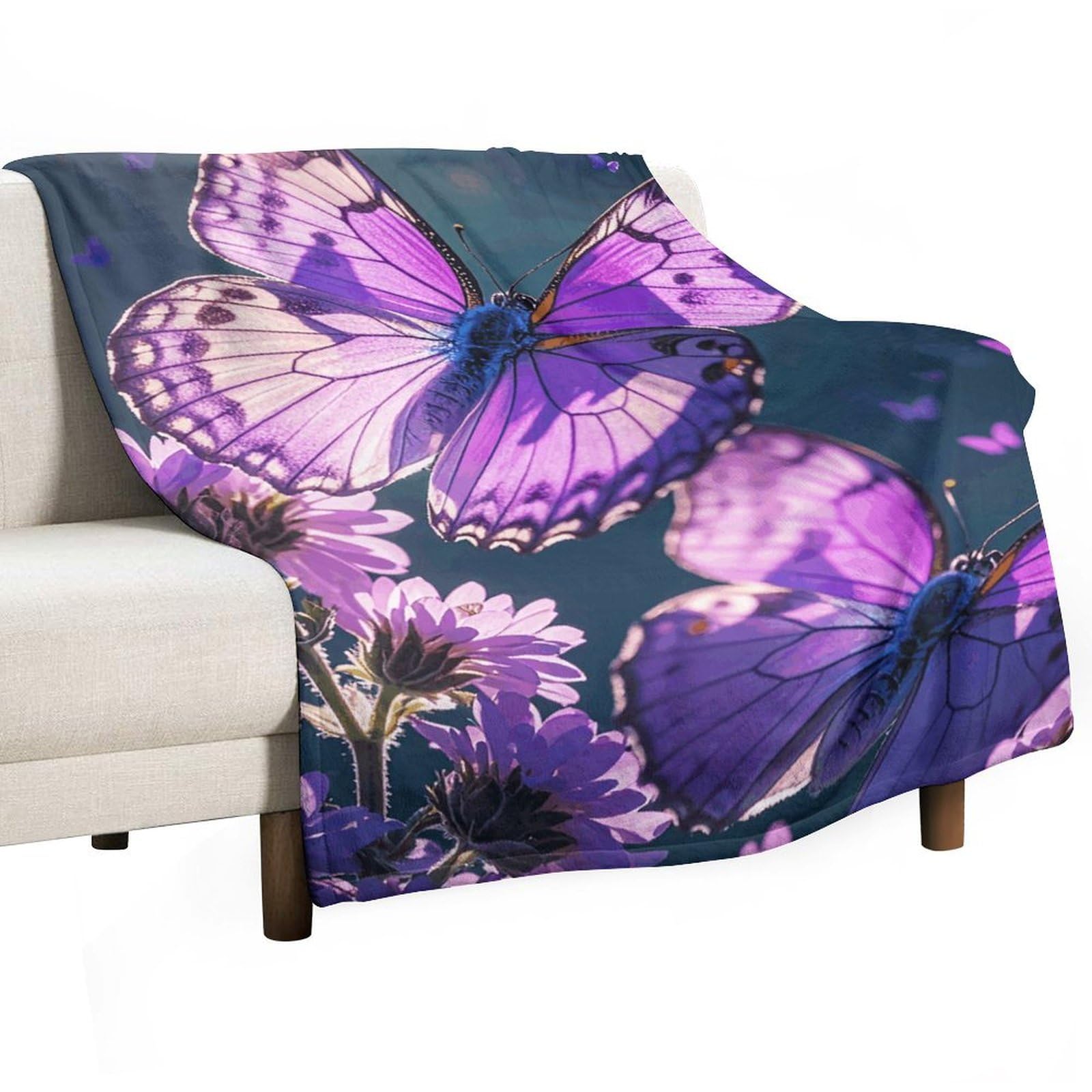 Couverture en flanelle papillons violets 168x229 cm pour lit et canapé douillet