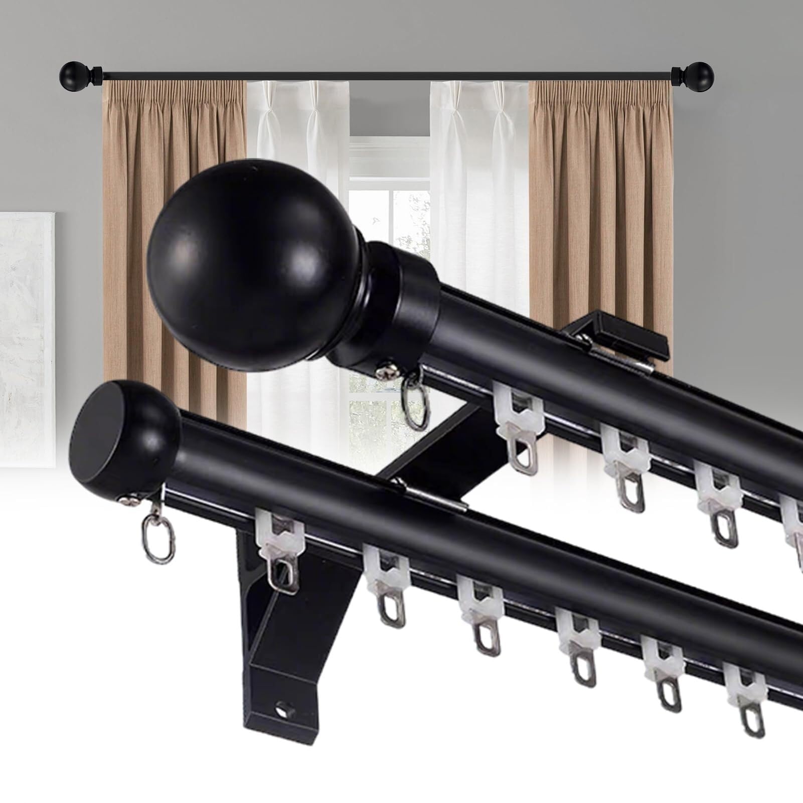 WQPMNYG Heavy-Duty 9.5ft Double Curtain Rods Wall-Mounted Silent Divider Rail for Curtains Perfect for Home & Hotel Windows (Black)
