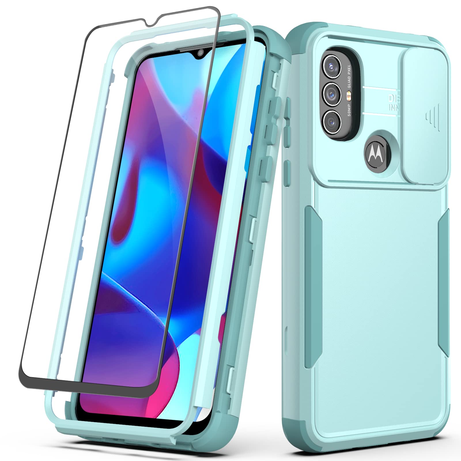 Dretal for Moto G Pure Case, Motorola Moto G Power 2022 Case + HD Screen Protector with Slide Lens Protector Cover, Heavy Duty Armor Shockproof Rugged Military Grade Protective Case (TQ-Mint)