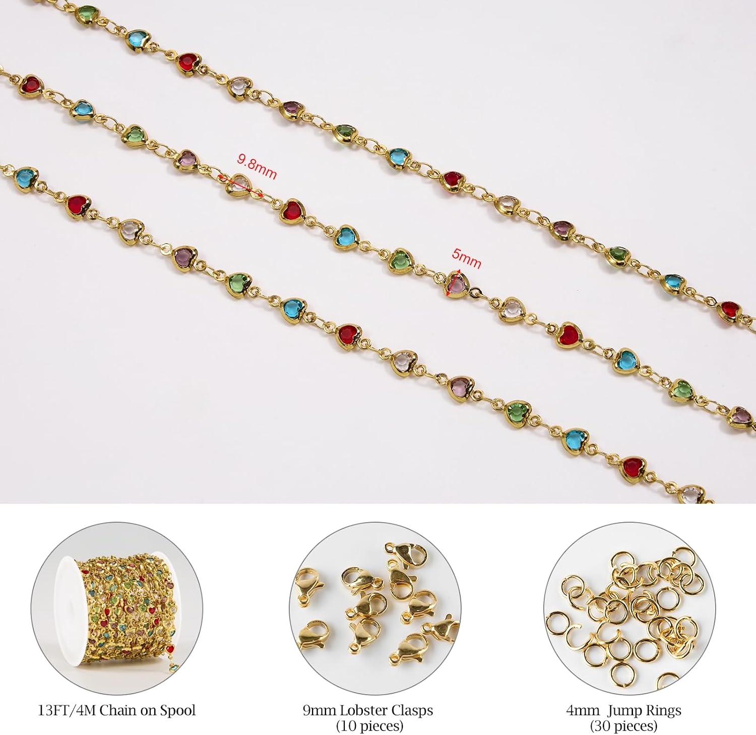 4 Meters Gold Plated Stainless Steel Chains for Jewelry Making Colorful Crystal Bead Jewelry Supplies Heart Rhinestone Chain with Lobster Clasps Jump Rings for Bracelet Necklace Make