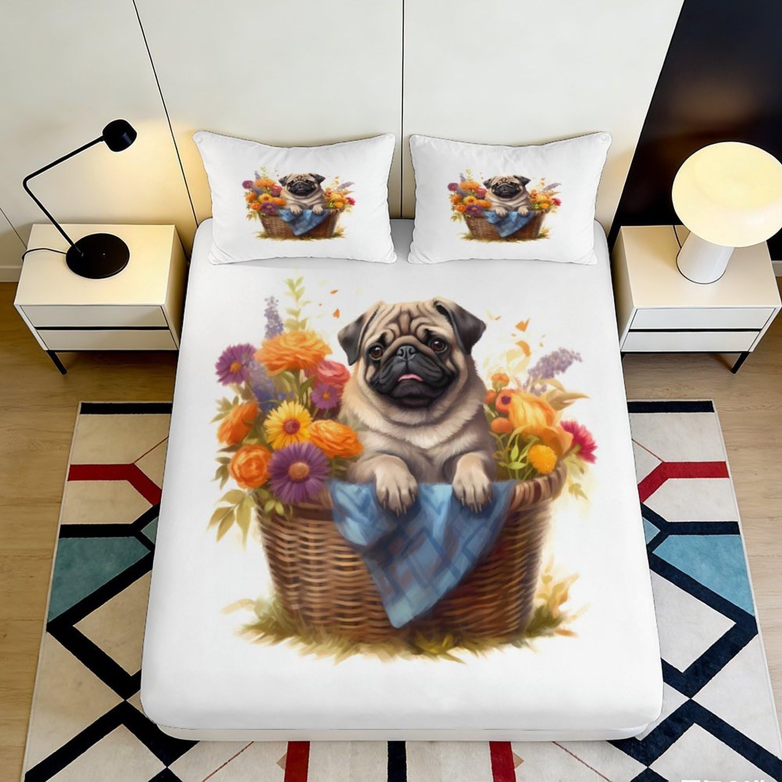 3D Printed Pug Dog Basket Fitted Sheet Microfiber Soft Breathable Floral Bed Cover for Bedroom Dormitory Guest Room Mattress Protection Decor 140x200x25cm