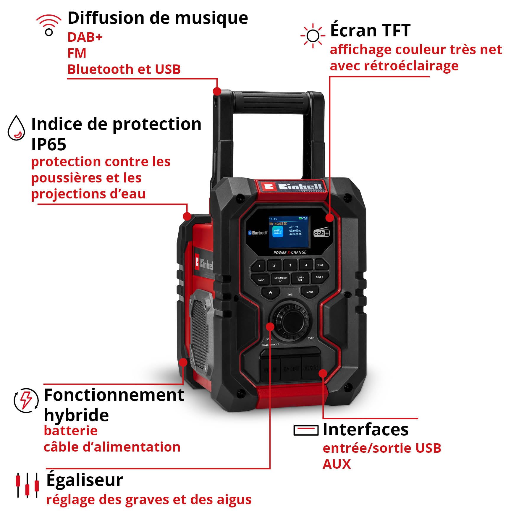 Radio de Chantier sans Fil Einhell Te-CR 18 Li Dab+/FM/BT-Solo | PXC | 18 V | DAB+ | FM | Bluetooth | AUX | USB | recherche automatique des stations | écran couleur TFT | IP65