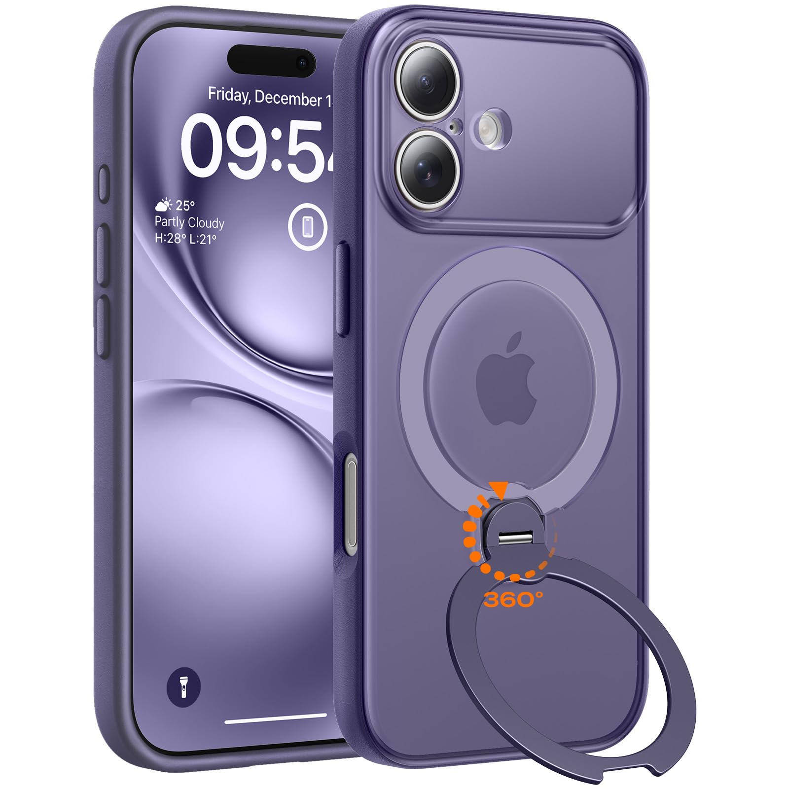 TOCOL Cover per iPhone 17 con Supporto Girevole a 360°, Lilla Viola | Compatibile con MagSafe, Protezione Completa Fotocamera, Custodia Sottile Traslucida Opaca Antiurto Militare