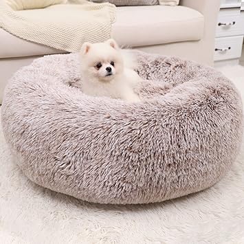 WAYIMPRESS Calming Dog Bed for Small Dog&Cat ,Comfy Self Warming Round Dog Bed with Fluffy Faux Fur for Anti Anxiety and Cozy (24 x 24 Inch, Khaki)