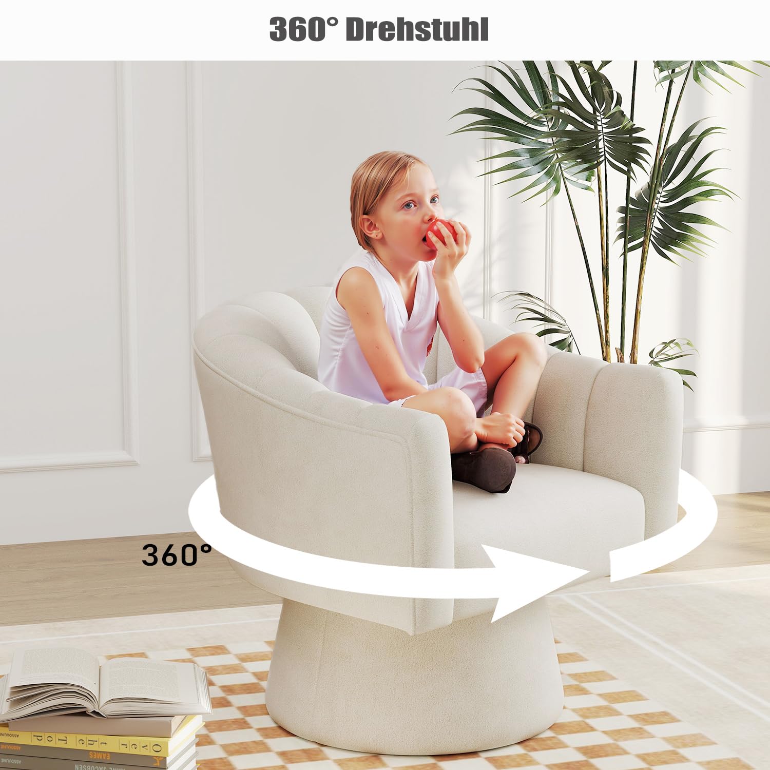 VANTEN Drehsessel Wohnzimmer mit Samt – 360° Drehbarer Sessel mit weicher Polsterung, Runder Armlehnstuhl für Schlafzimmer & Büro | Lesesessel mit Armlehnen(Beige)