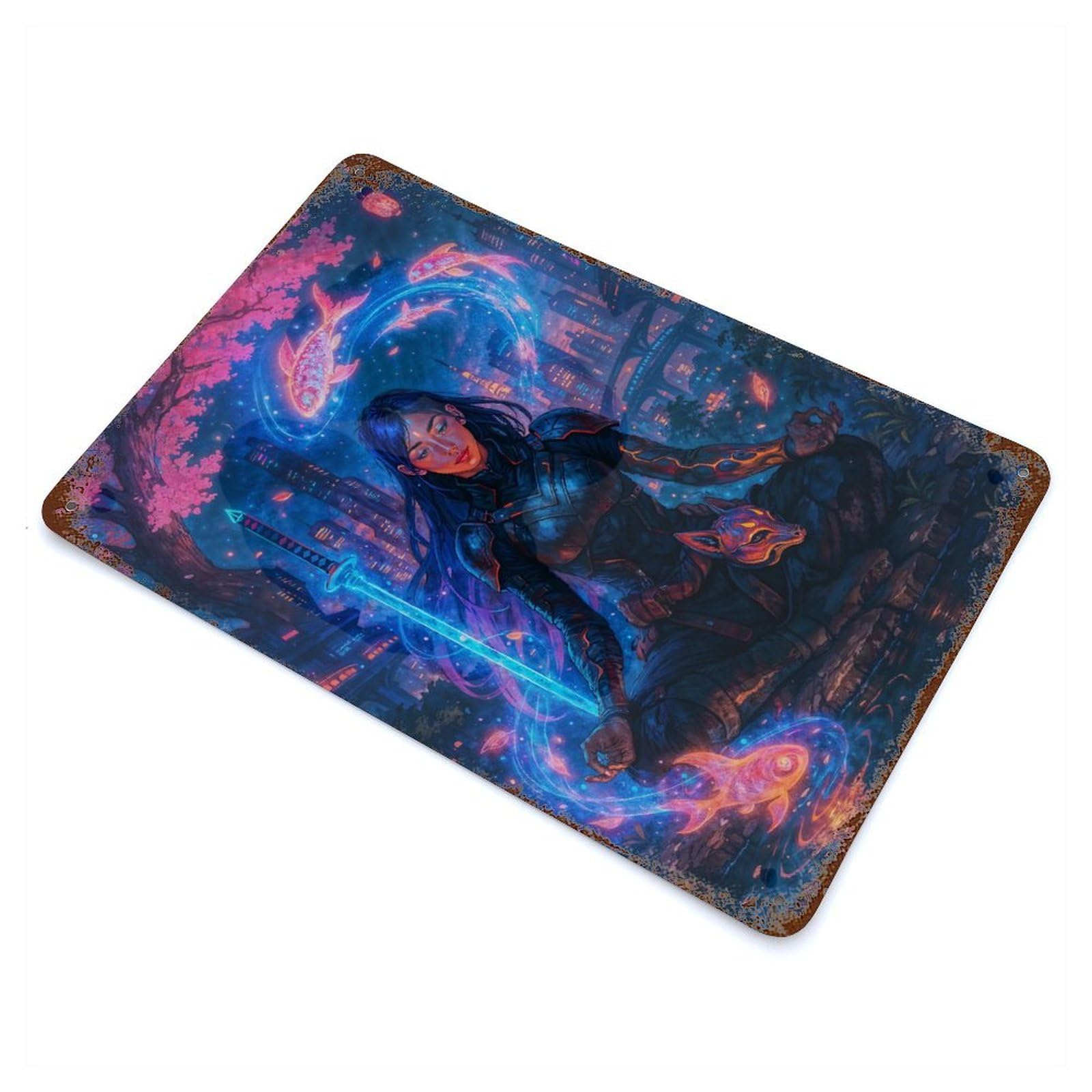 Neon Ninja Meditation with Koi Rusty Metal Tin Sign 11.8"x7.9", Classic Wall Plaque for Pub, Kitchen And Man Cave Decor