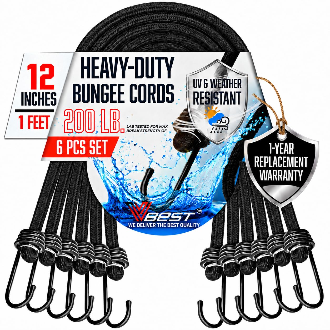 12 Inch Bungee Cords with Hooks - 6Pcs Bungie Set Heavy Duty Outdoor