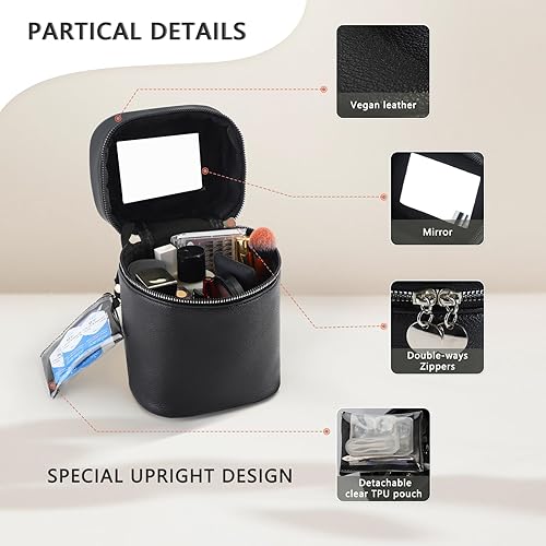 Miniatura 5 de Bolsa de maquillaje con espejo, bolsa de viaje para cosméticos, organizador de maquillaje portátil, bolsas de maquillaje negras para mujeres, Negro