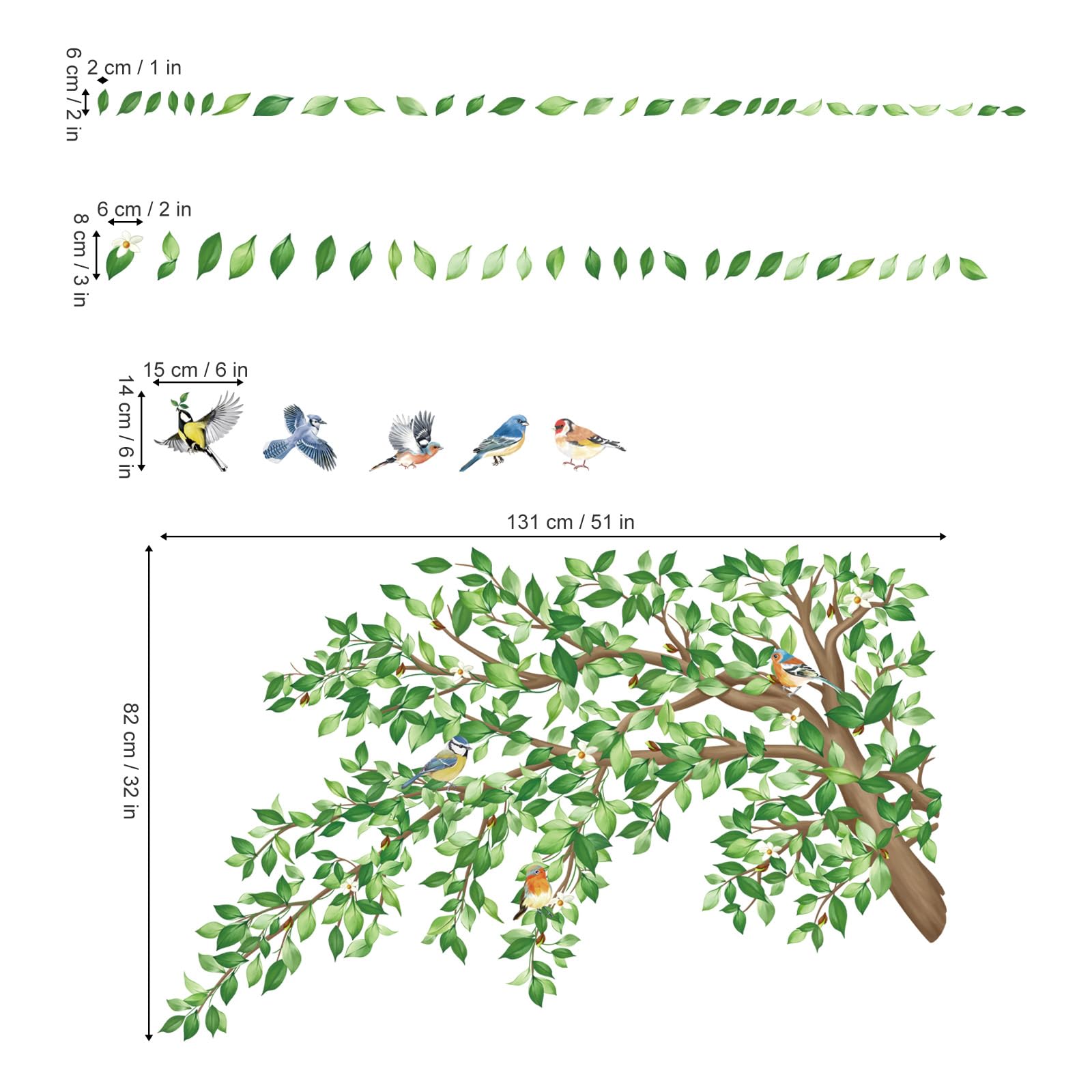 decalmile Stickers Muraux Grand Branche de Arbre Verts Autocollant Mural Feuilles Plantes Verts Oiseaux Décoration Murale Salon Chambre à Coucher Bureau Mur TV