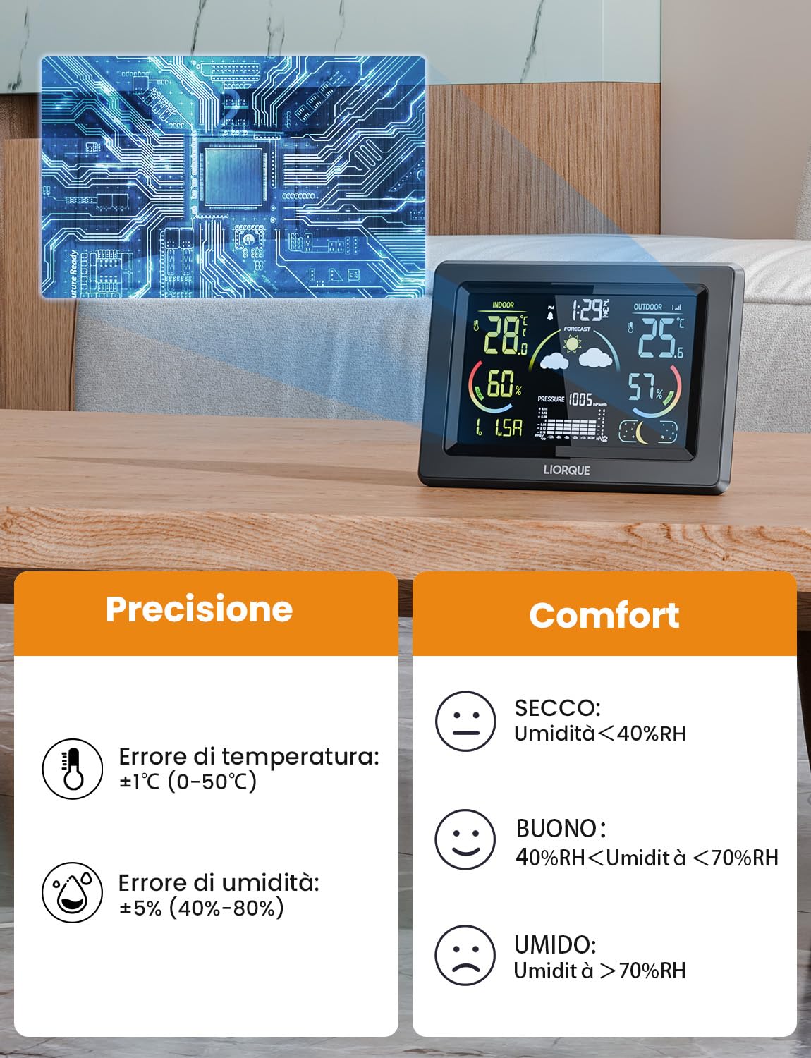 LIORQUE Stazione Meteo con Sensore Esterno, Display a colori LCD VA, Stazione Meteo con Sveglia, Fase Lunare, Previsioni Meteo, Data,Retroilluminazione Regolabile, Igrometro
