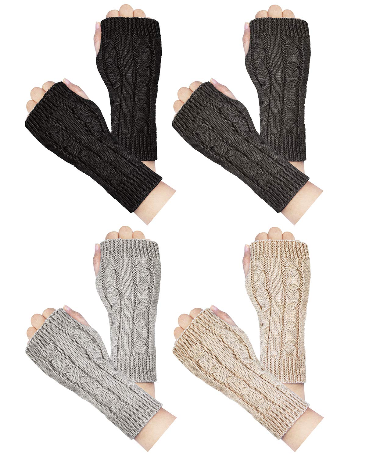 Loritta2-4 Pairs Womens Fingerless Gloves Winter Warm Knit Crochet Thumbhole Arm Warmers