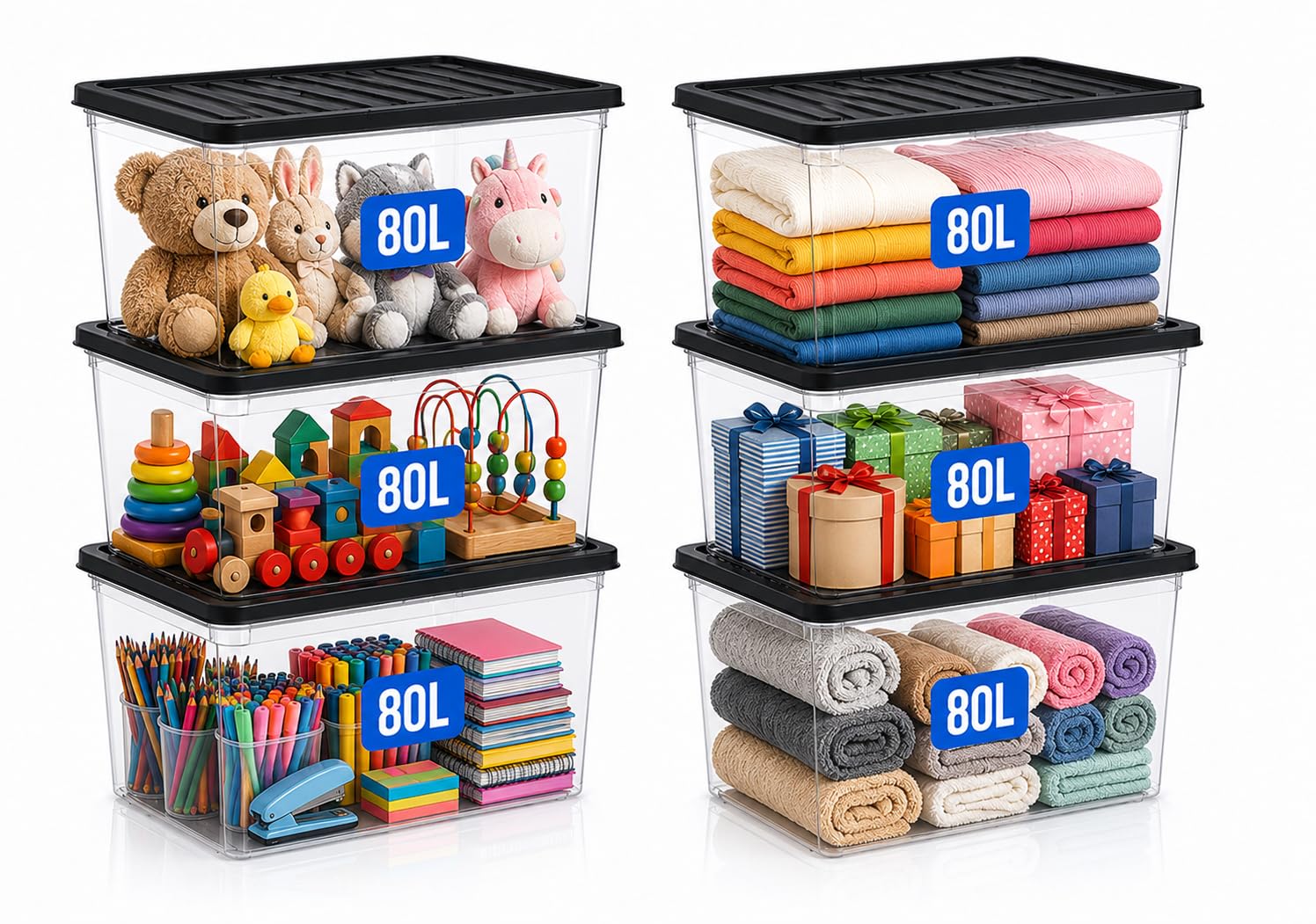 Kapco Black Lid 6 X 80L Plastic Storage Boxes With S, Large Stackable | Nestable Storage Containers 57 X 40 X 40Cm, Heavy Duty Organiser Tubs For Clothes, Toys, Garage, Office | 80 Litre – 6 Pack
