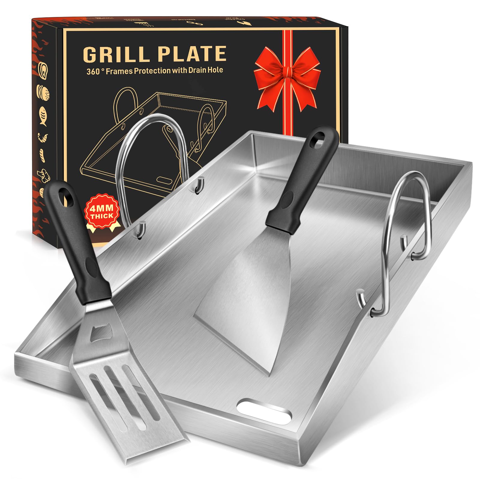 Grillplatte Plancha, 4 mm starker Edelstahlgrill für Gas- und Holzkohlegrills 40 x 30 x 4 cm, mit abnehmbarem Griff, mit 2 Grillspatel-Set,Grillgeschenke für Männer und Frauen