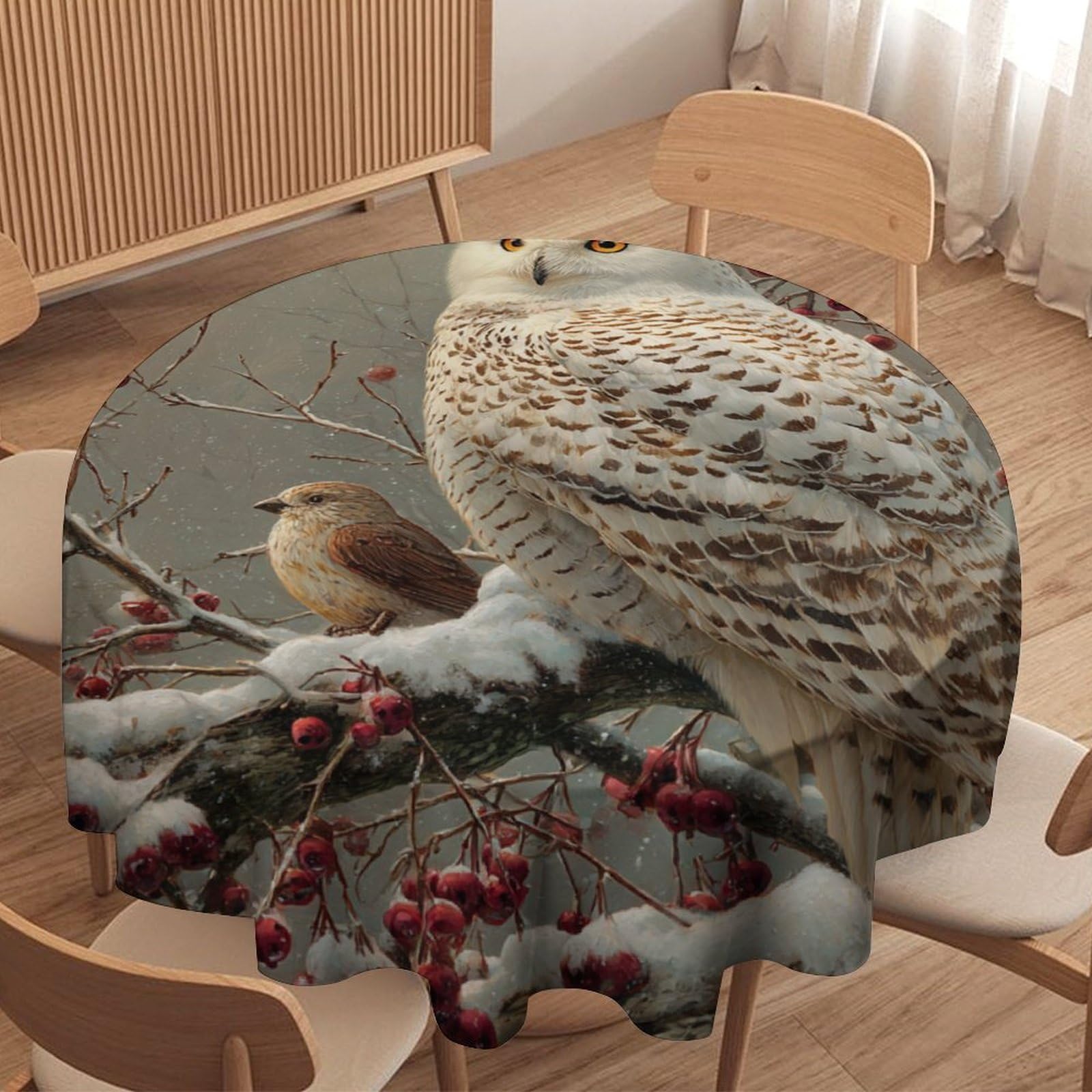 LUYYSKY Beautiful Abstract Winter Owl Waterproof Round Tablecloth Mid Century Realistic Snowy Forest Landscape Animal Owl Washable Table Cover for Kitchen-152.4" Wx152.4 L cm