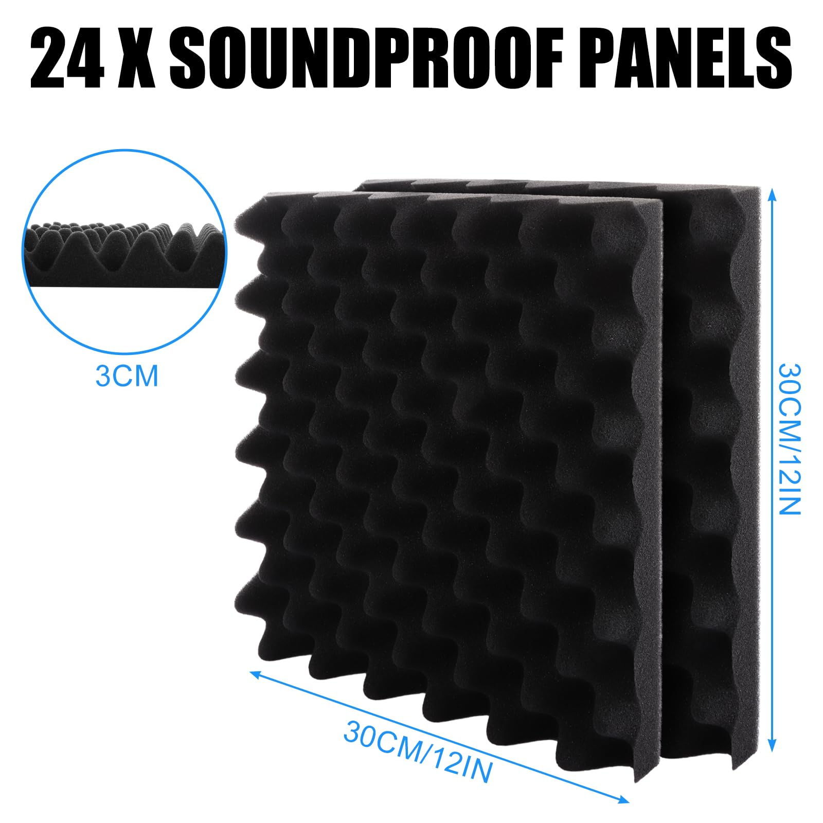 AKOLAFE 24 Pack Sound Proofing Panels for Walls 30x30x3cm Egg Crate Acoustic Sound Absorbing Panels Sound Proof Foam Panels Black Acoustic Wall Panels Sound Insulation Panels for Bedroom Fireproof - Image 2